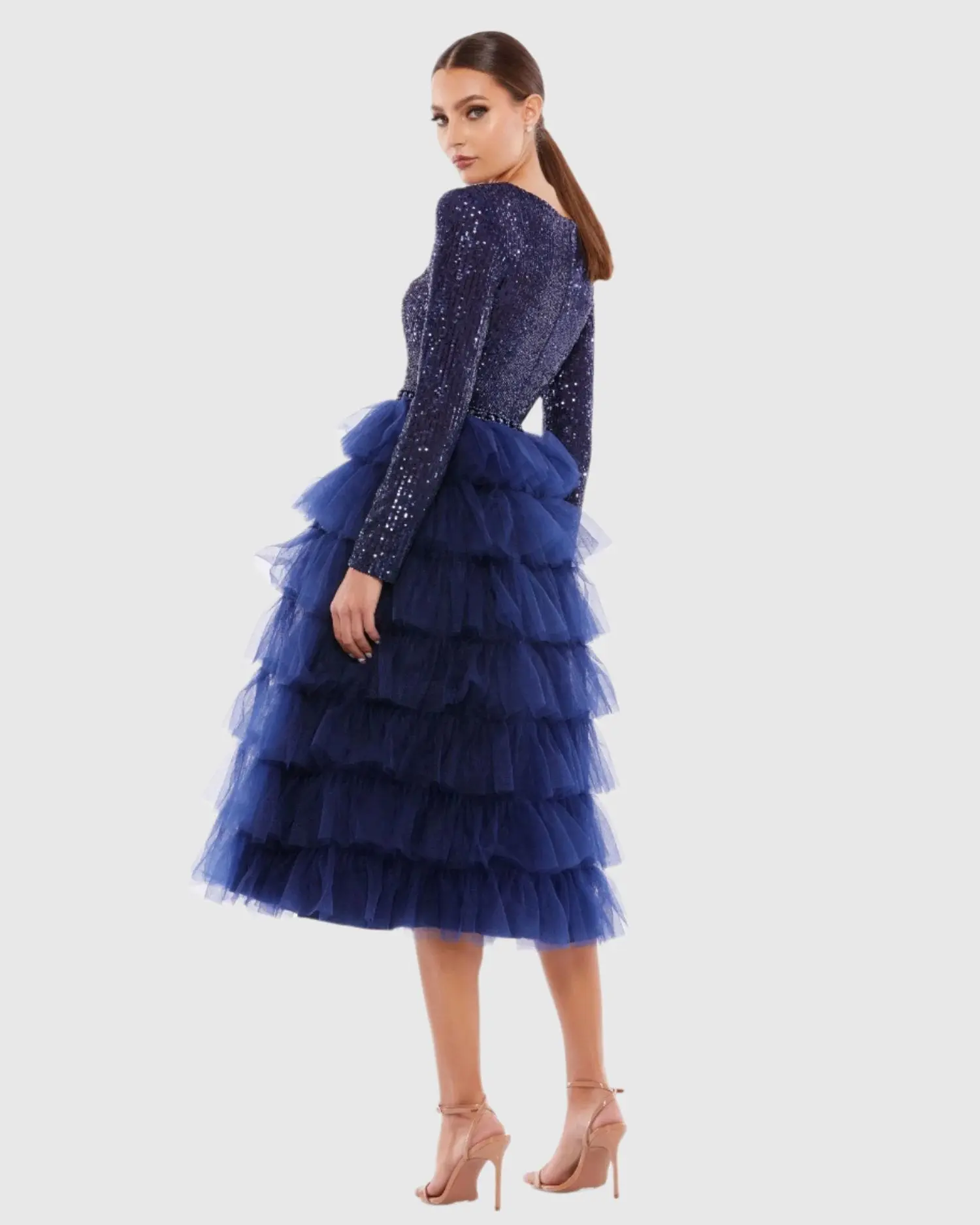 Navy Long Sleeve Ruffle Tiered Midi Dress - Image 3