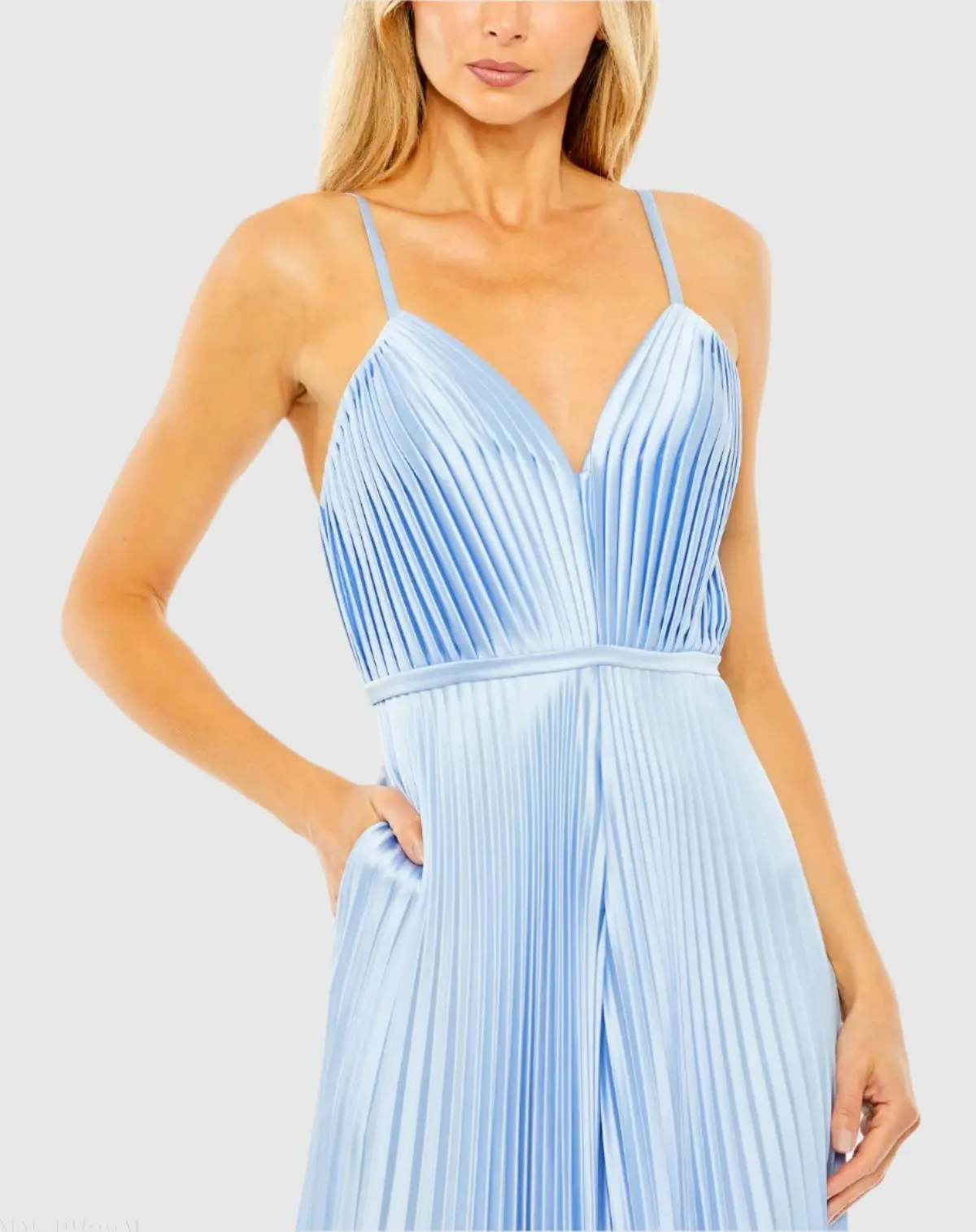 Light Blue Pleated Plunge Neck Wide Leg Jumpsuit - Image 2