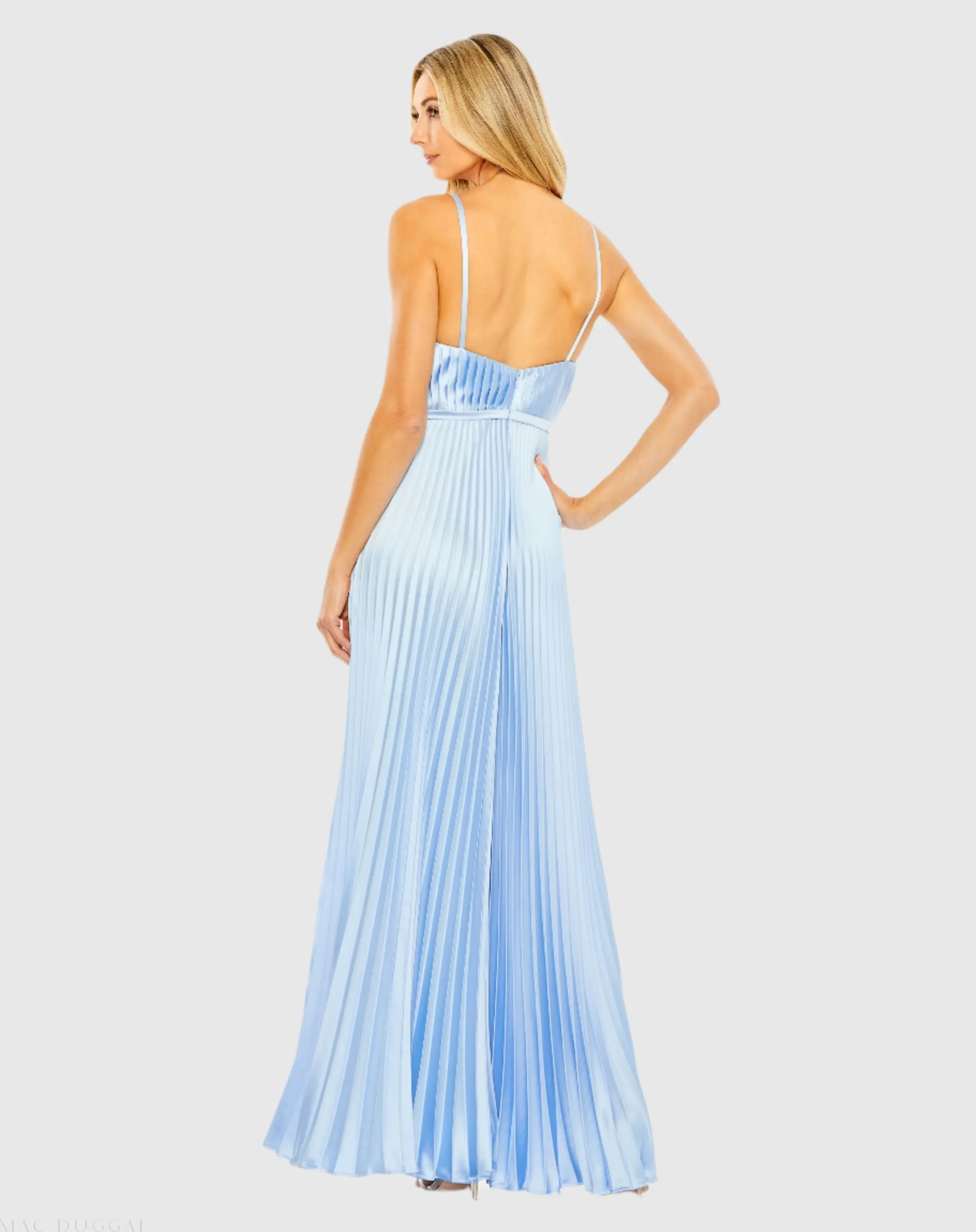Light Blue Pleated Plunge Neck Wide Leg Jumpsuit - Image 3