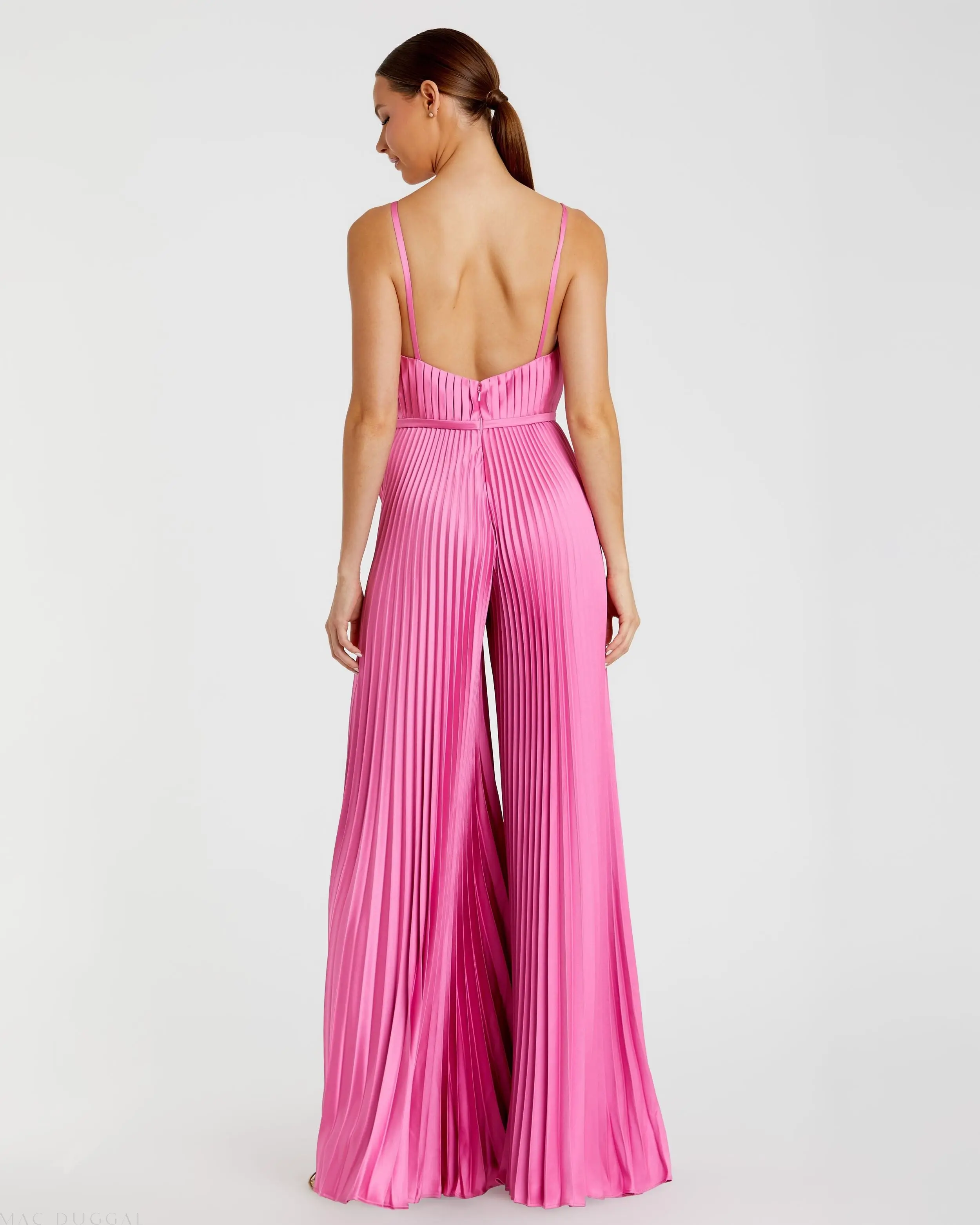 Pink Pleated Plunge Neck Wide Leg Jumpsuit - Image 3