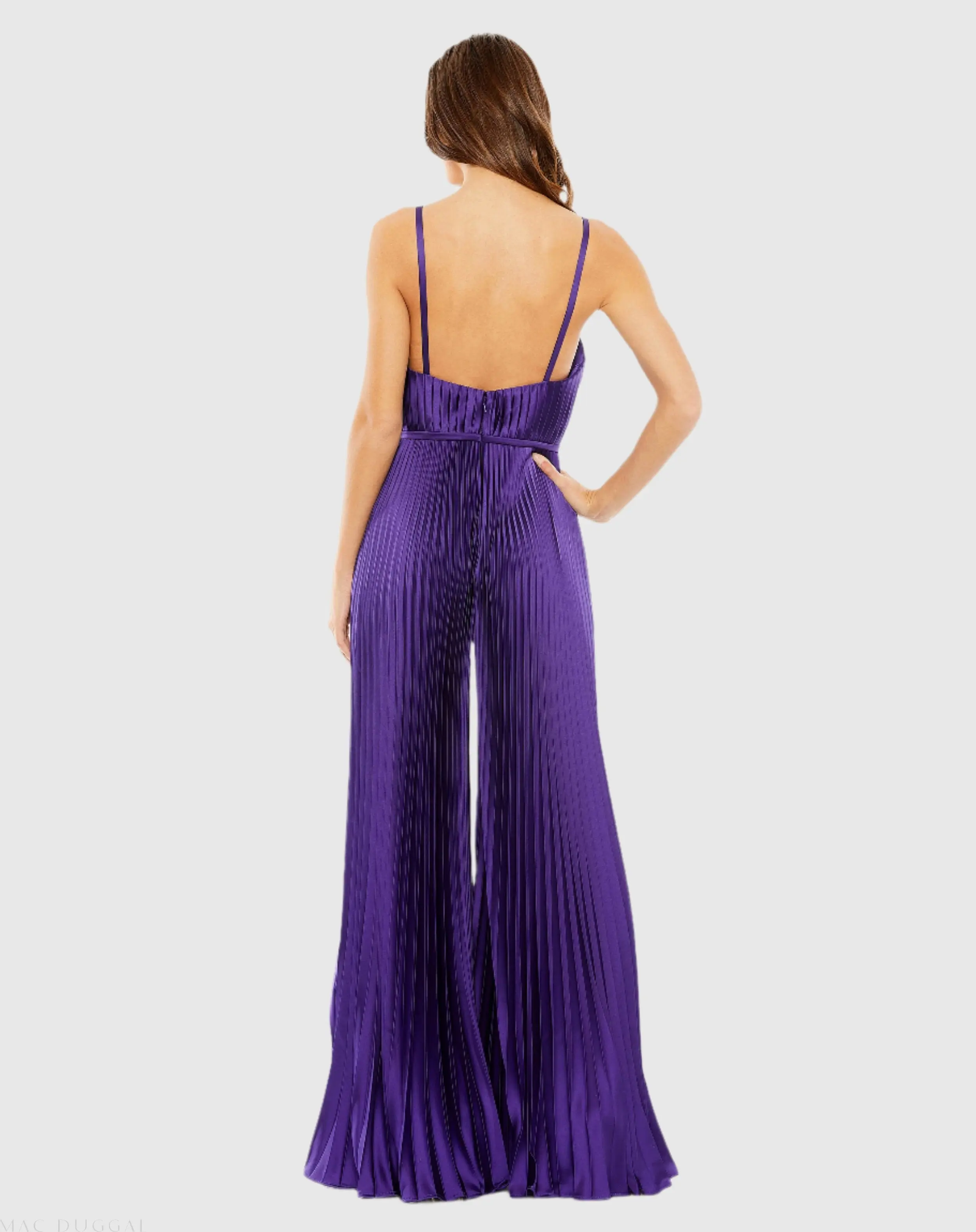 Purple Pleated Plunge Neck Wide Leg Jumpsuit - Image 3