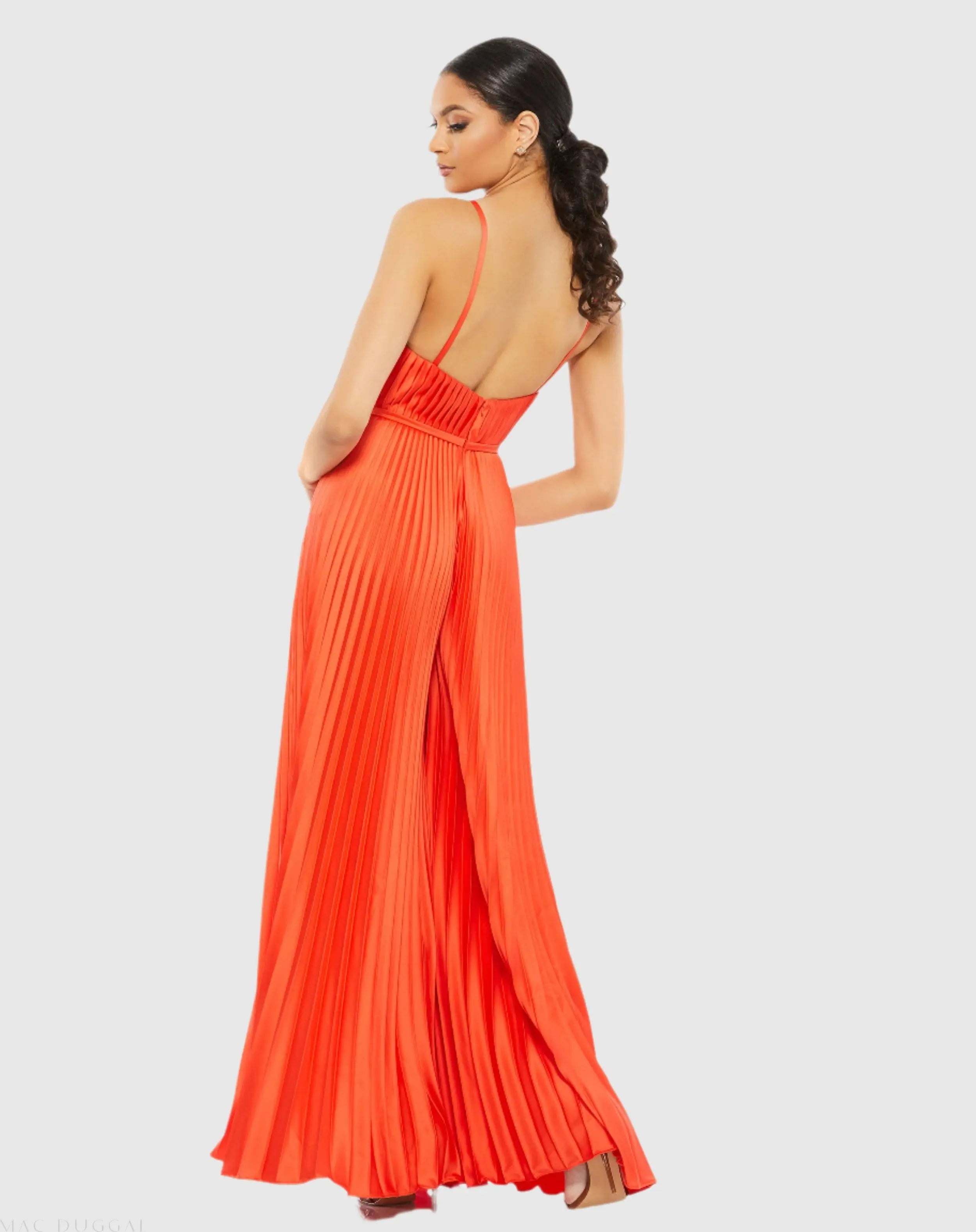 Orange Pleated Plunge Neck Wide Leg Jumpsuit - Image 3