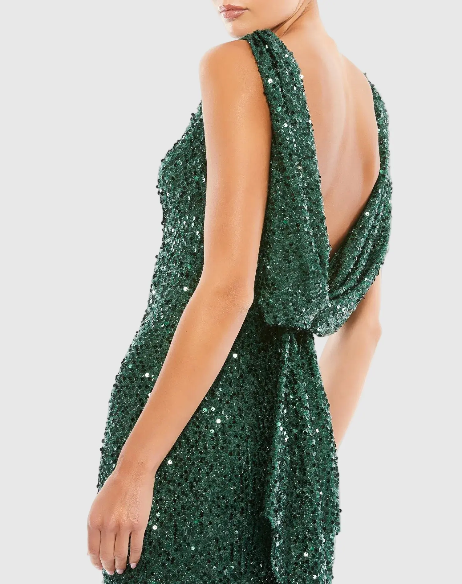 Green Cowl Back Boat Neck Sequined Evening Gown - Image 2