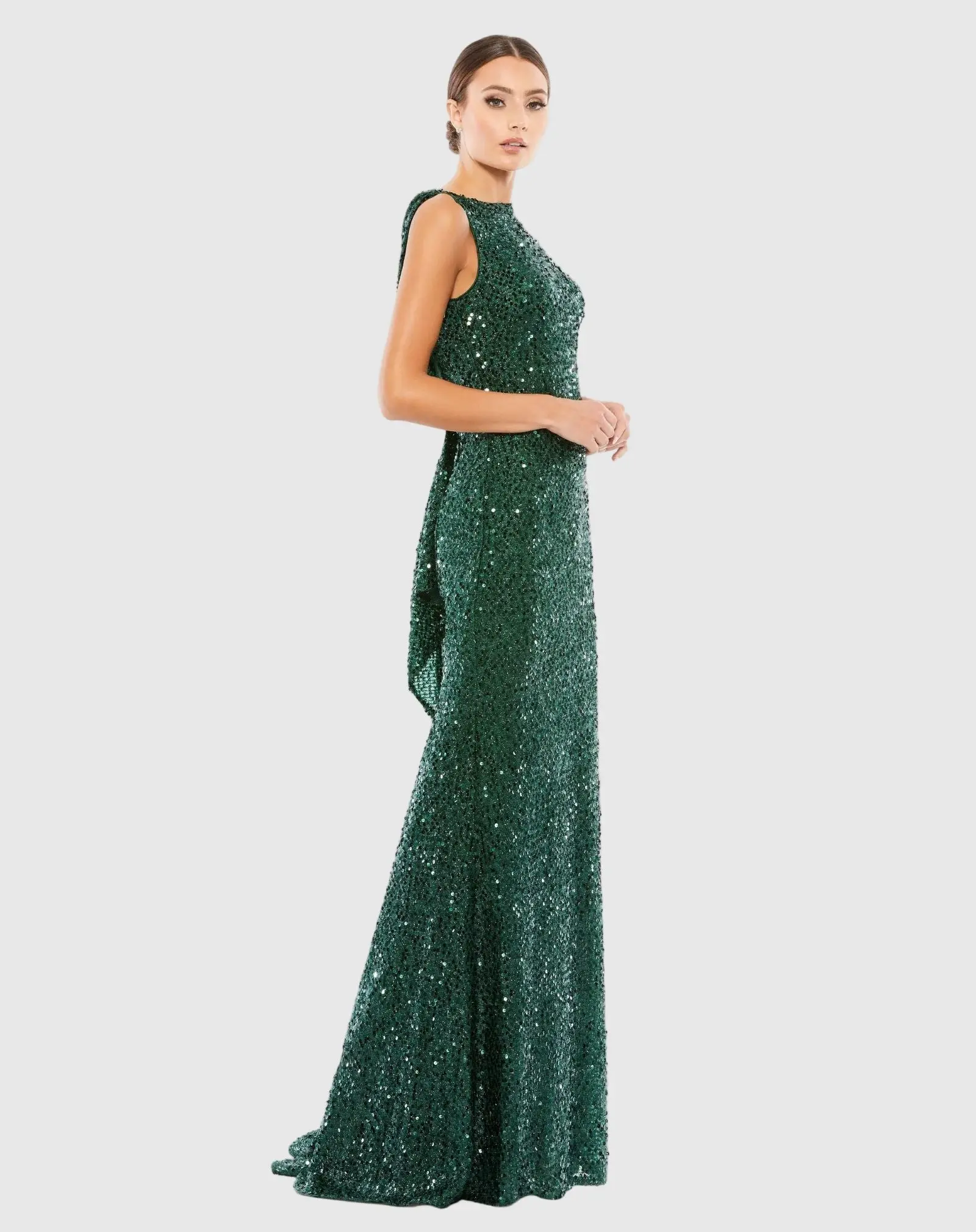 Green Cowl Back Boat Neck Sequined Evening Gown - Image 3