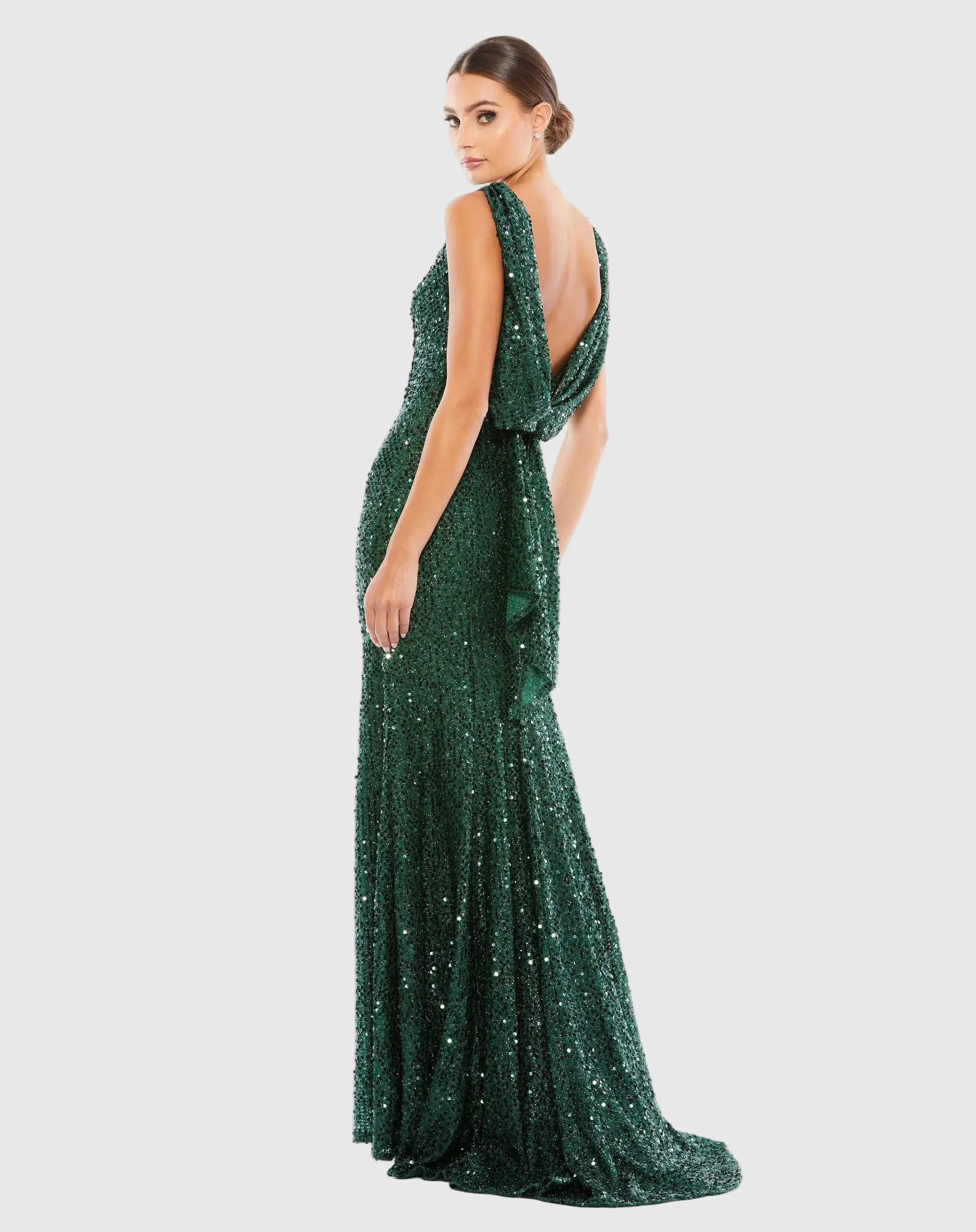 Green Cowl Back Boat Neck Sequined Evening Gown - Image 4