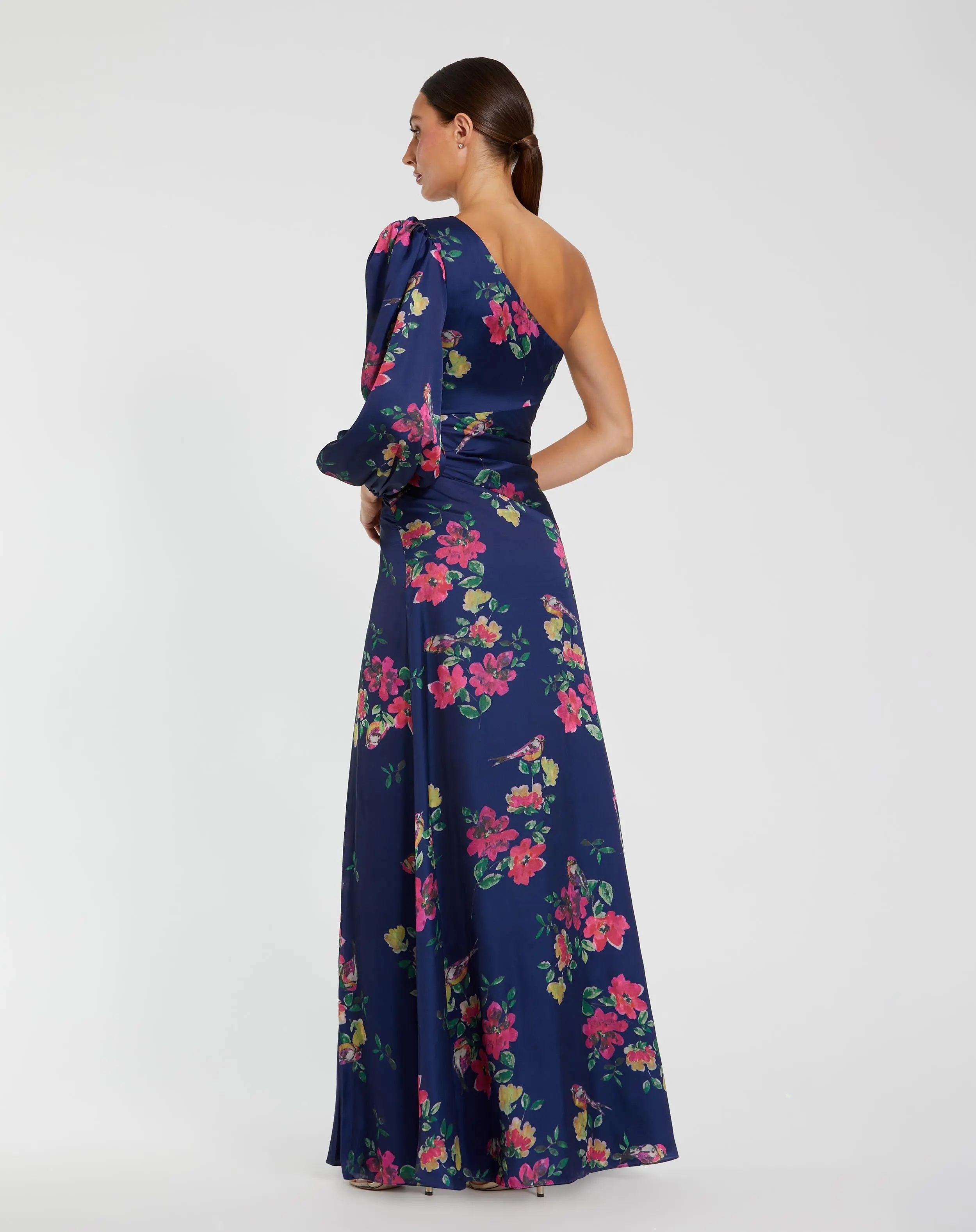 Navy One Sleeve Floral Print Charmeuse Gown With Slit - Image 3