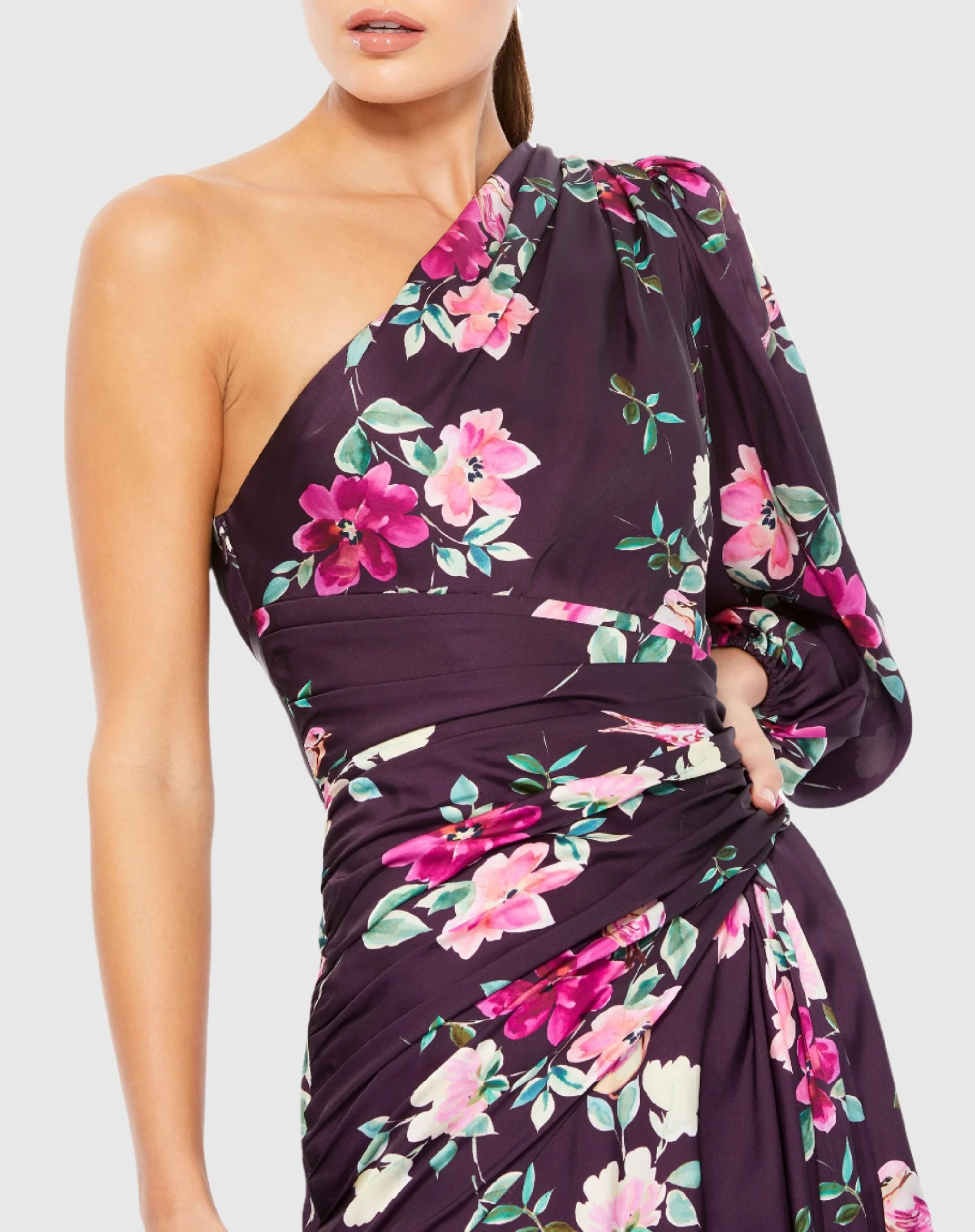 Purple One Sleeve Floral Print Charmeuse Gown With Slit - Image 2