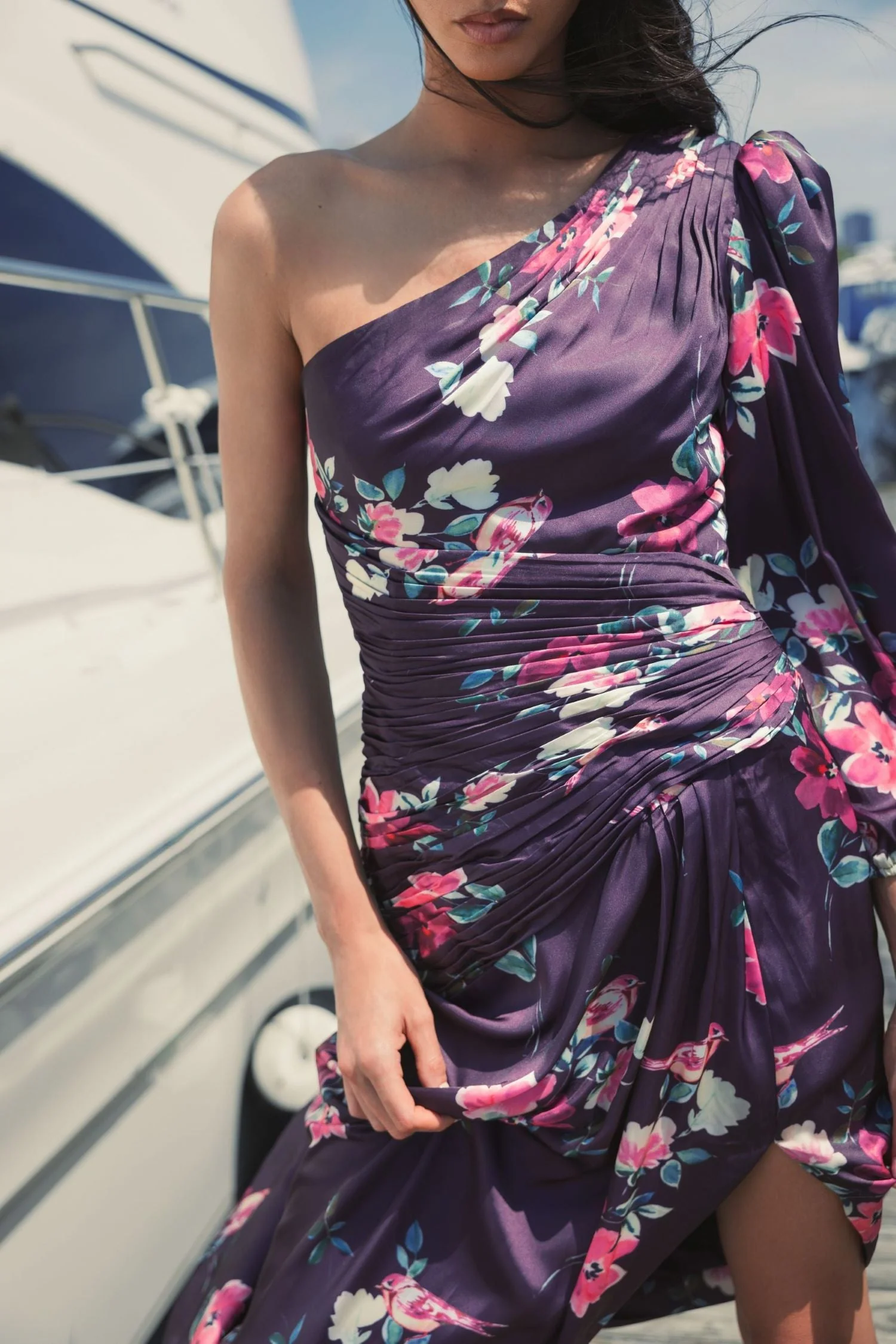 Purple One Sleeve Floral Print Charmeuse Gown With Slit - Image 5