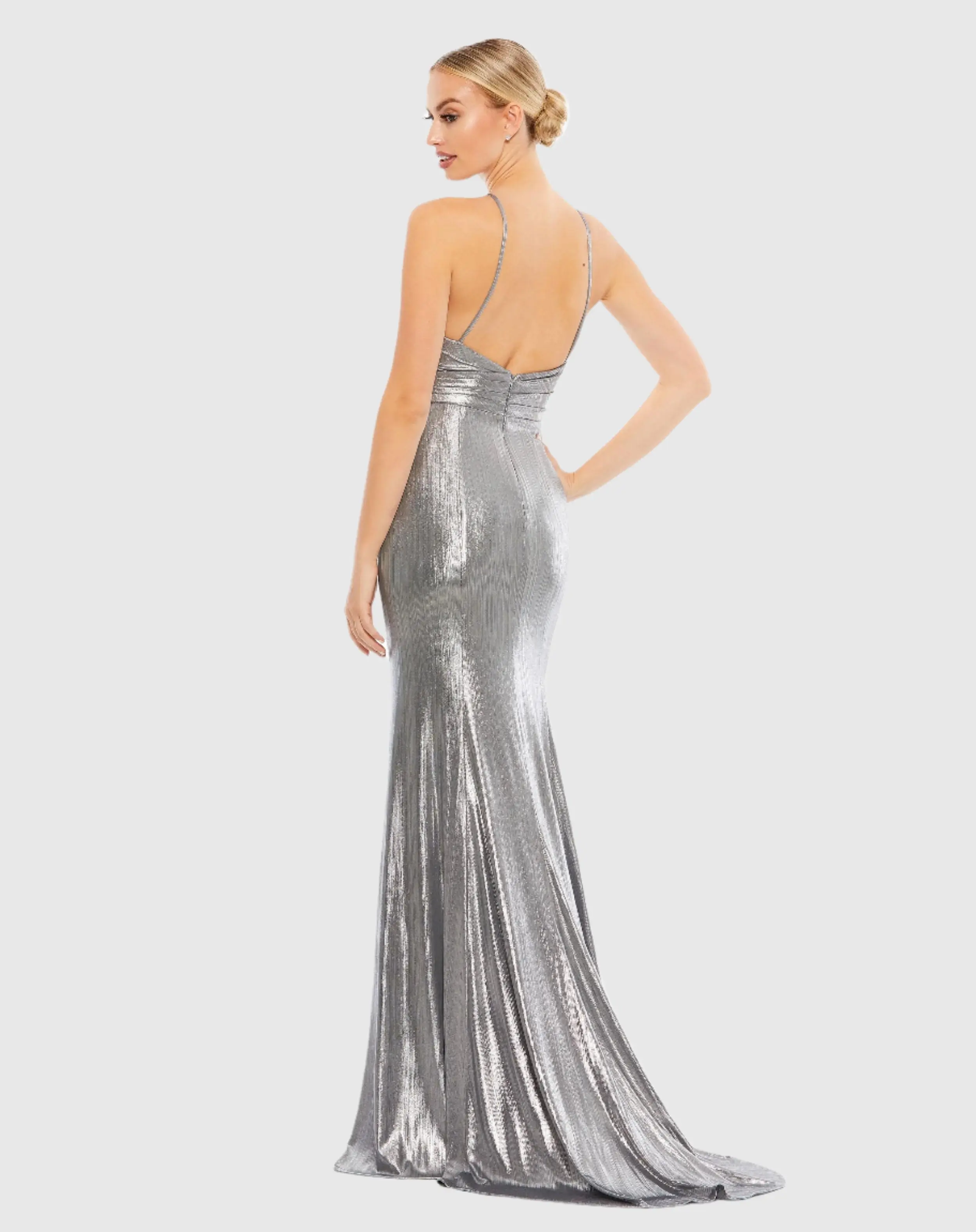 Silver Metallic Faux Wrap Spaghetti Strap Gown - Image 3