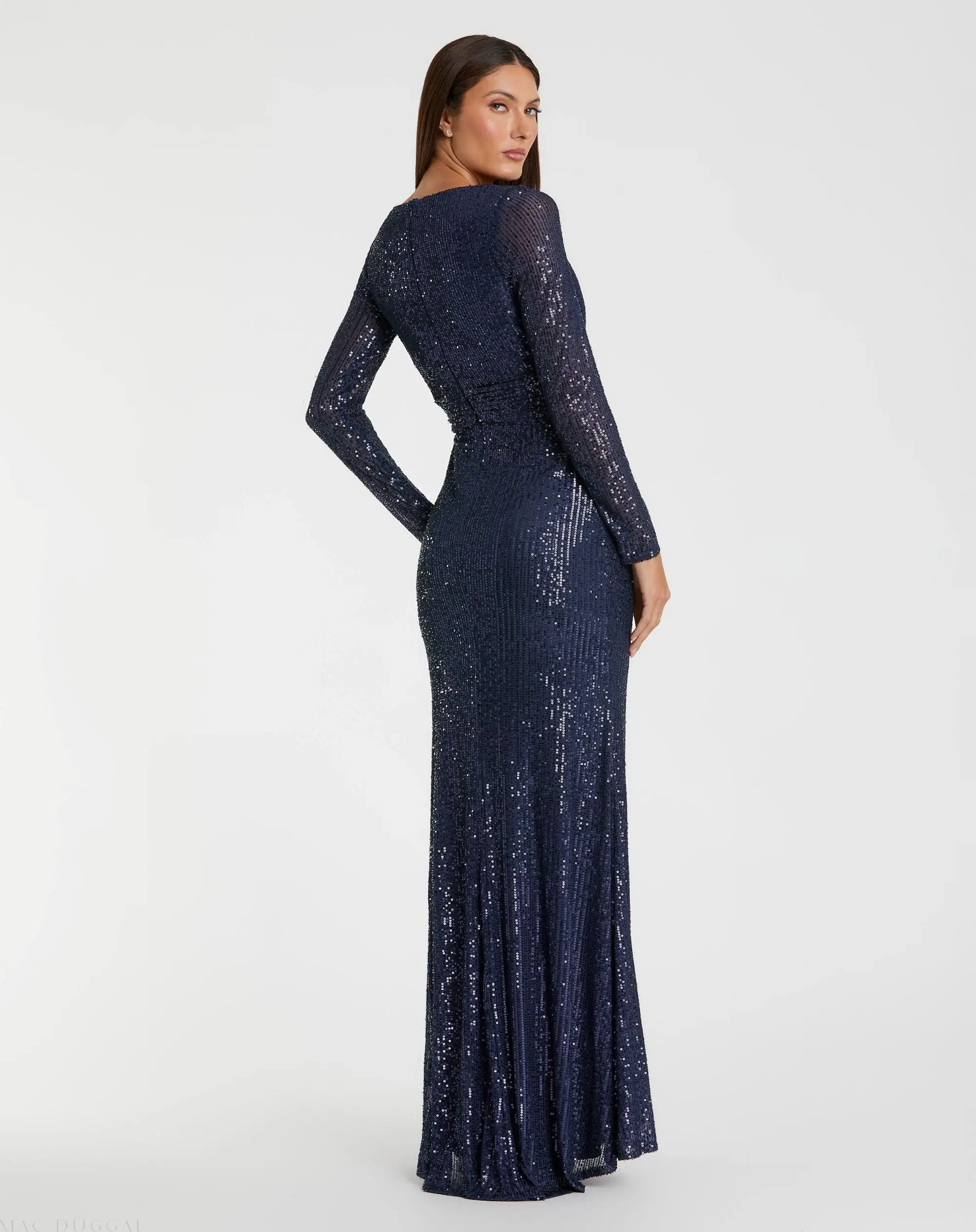 Navy Sequined Long Sleeve Gown - Image 3