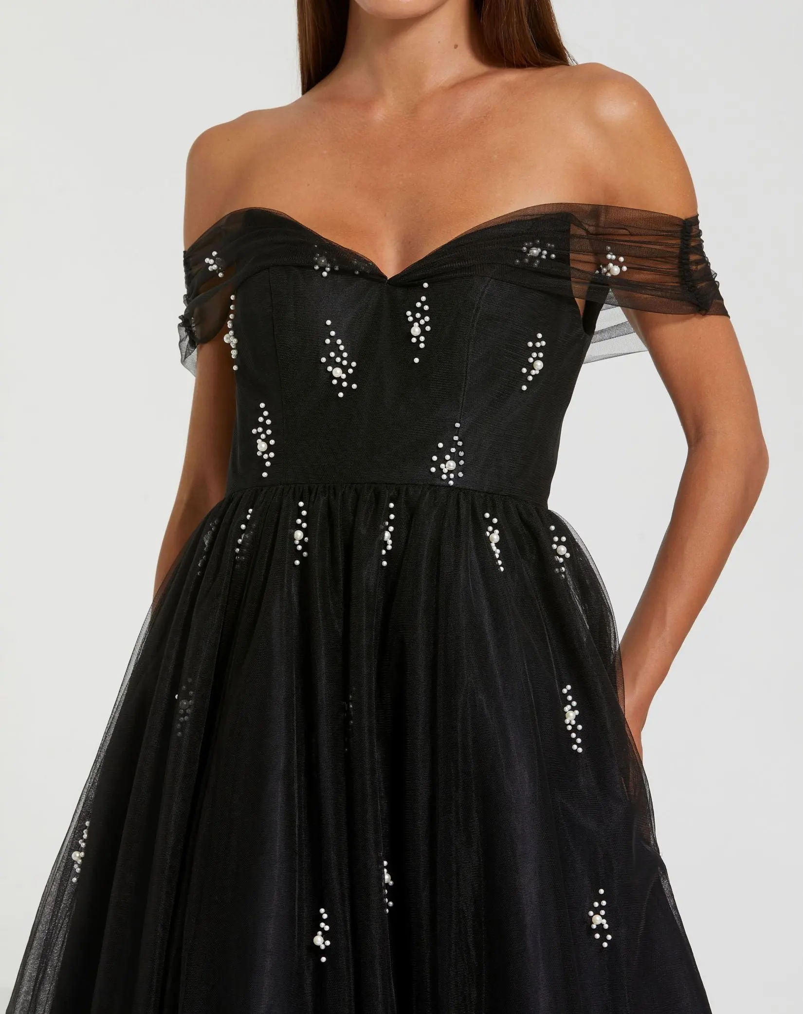 Black Tulle Off The Shoulder Pearl Embellished Cocktail Dress - Image 2