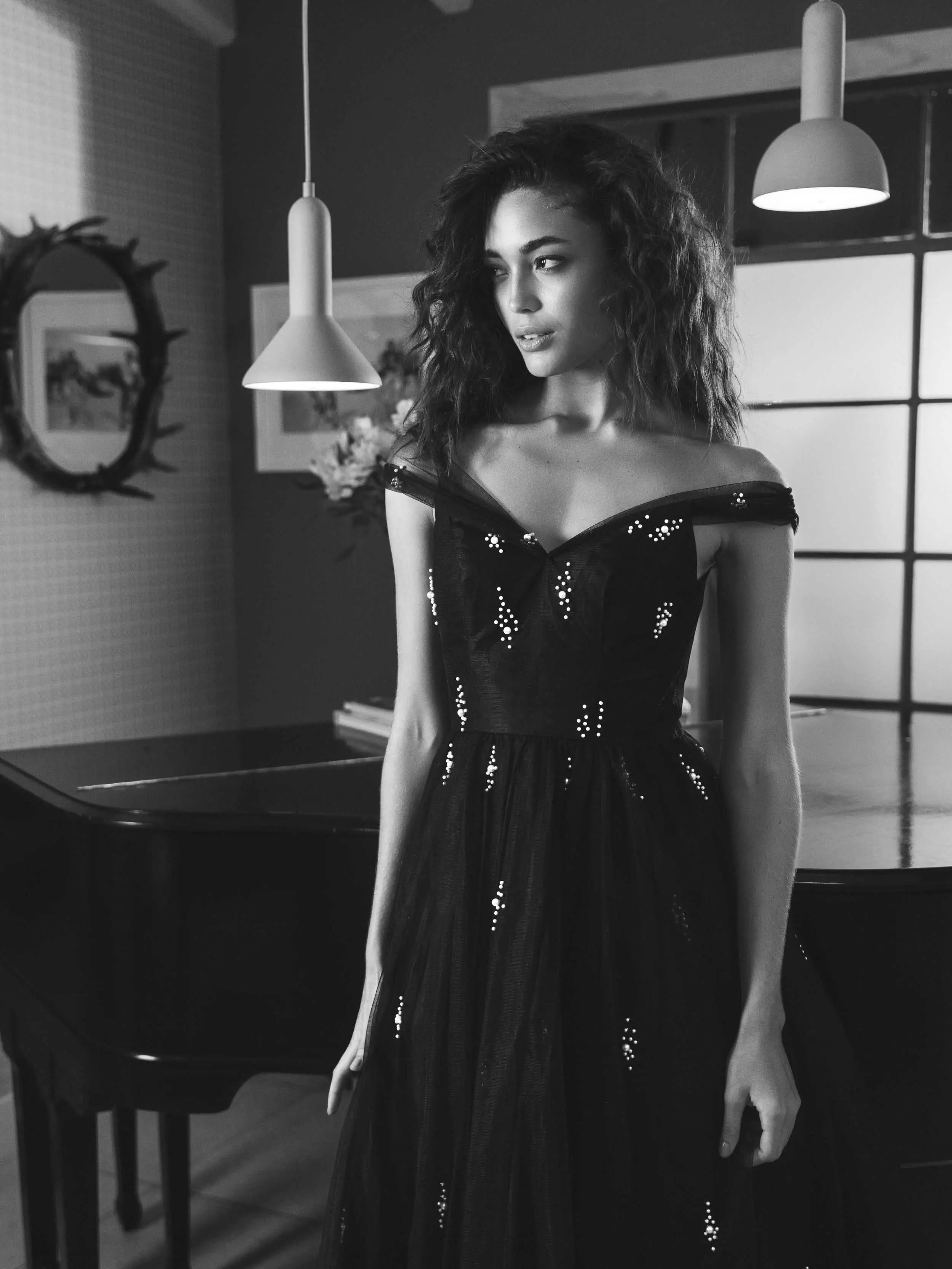 Black Tulle Off The Shoulder Pearl Embellished Cocktail Dress - Image 4