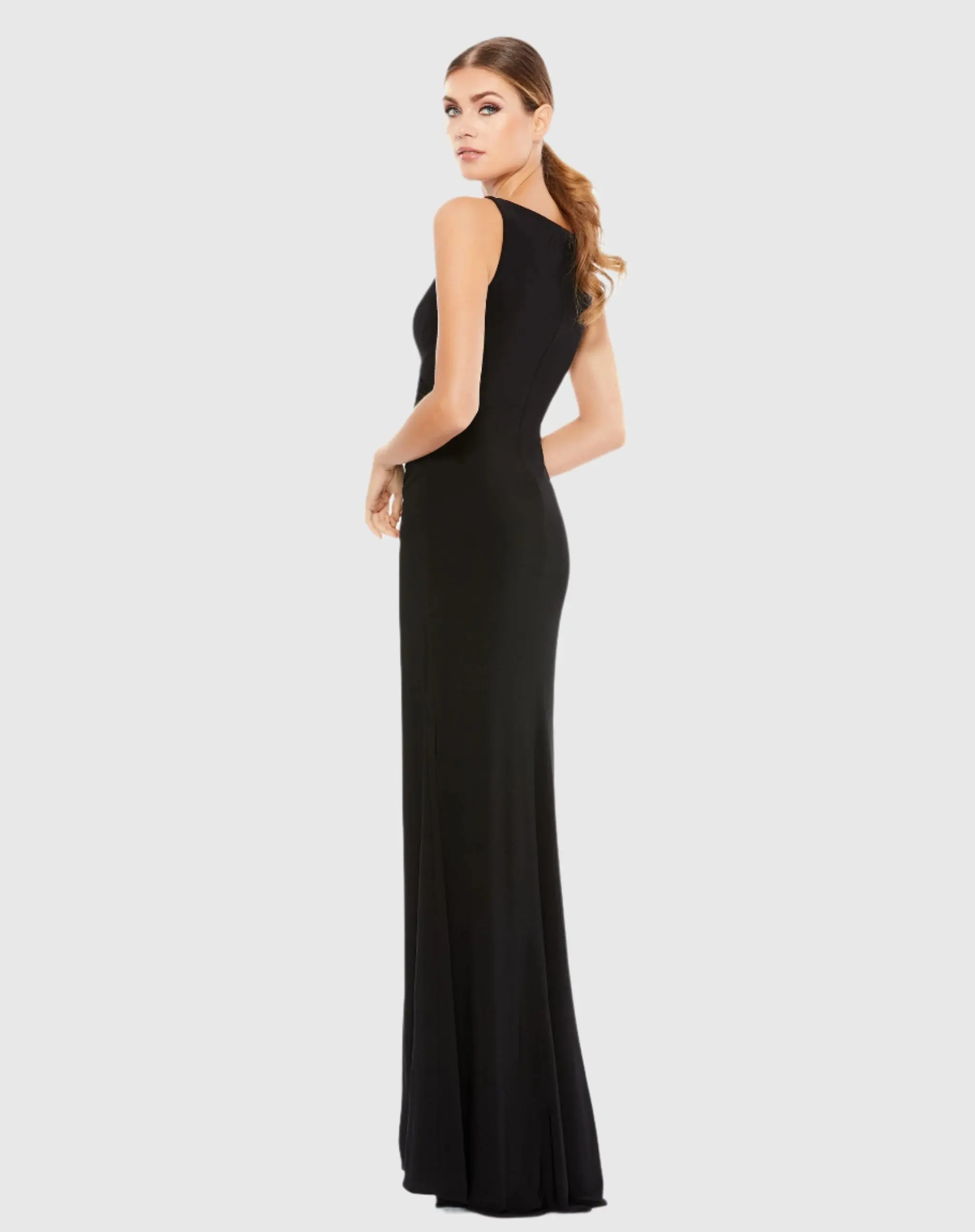 Black Faux Wrap Sleeveless V Neck Gown - Image 3