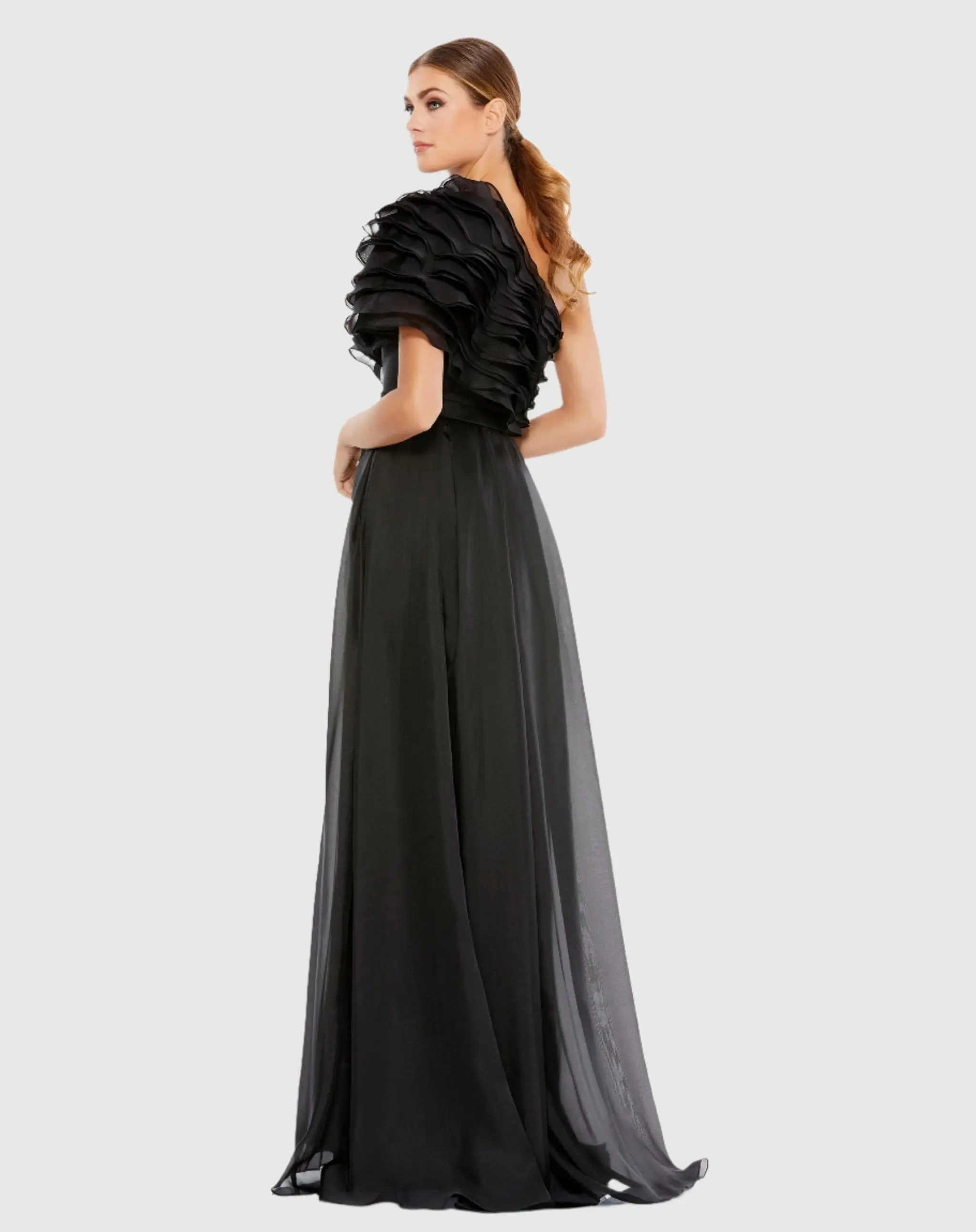 Black Ruffle Layered One Shoulder Gown - Image 3