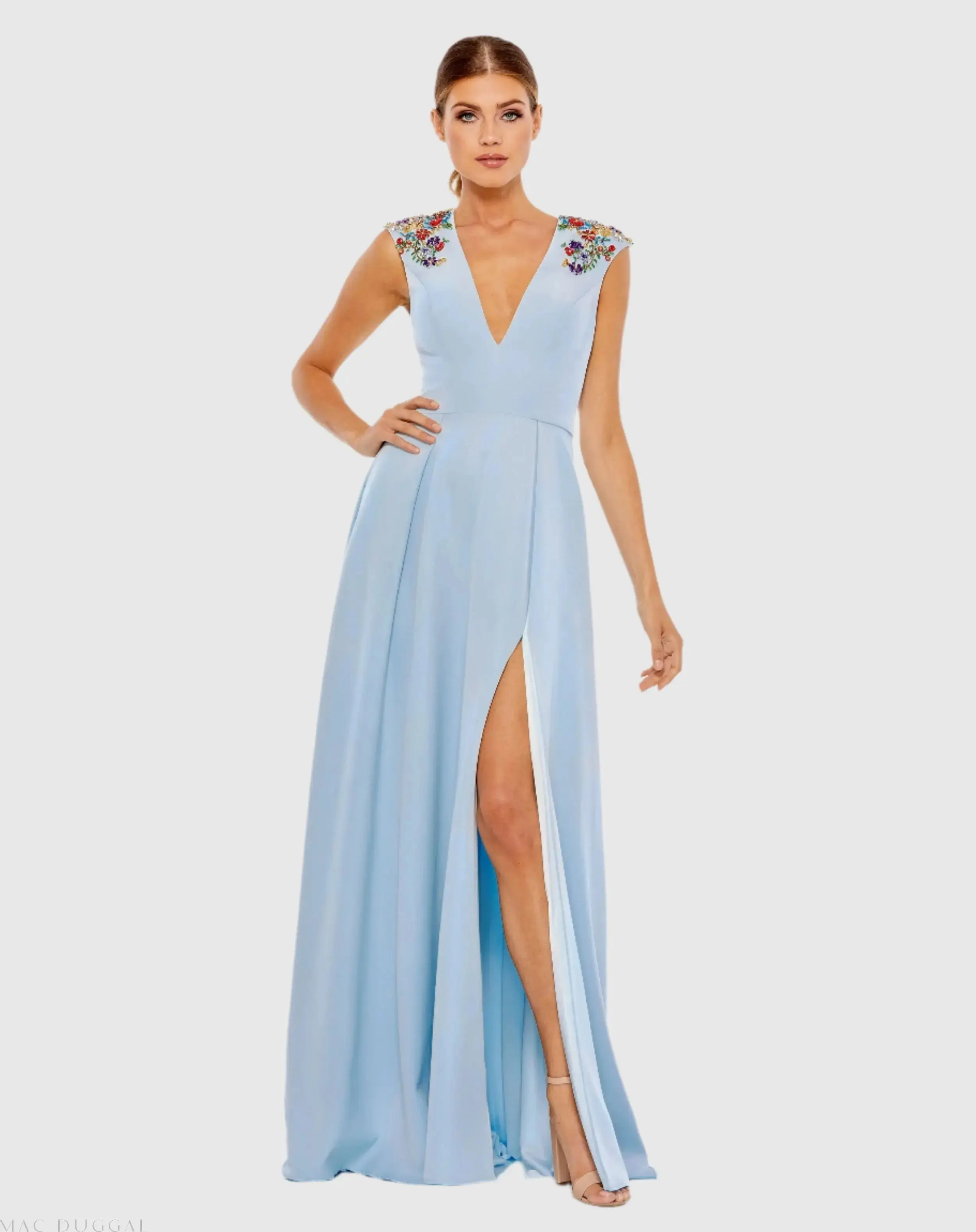 Beaded Cap Sleeve V Neck A Line Gown - Image 4