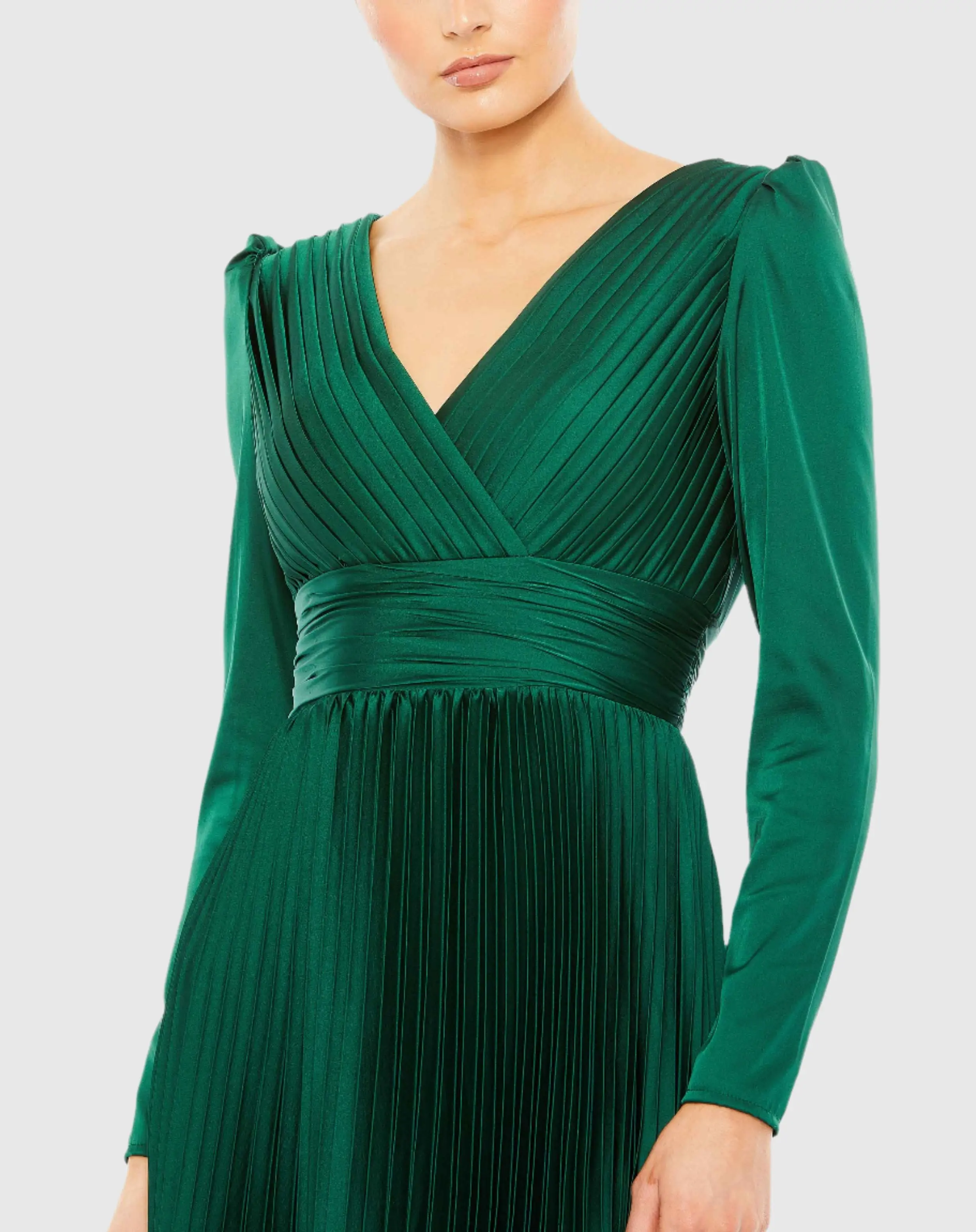 Green Pleated Long Sleeve V-Neck Gown - Image 2