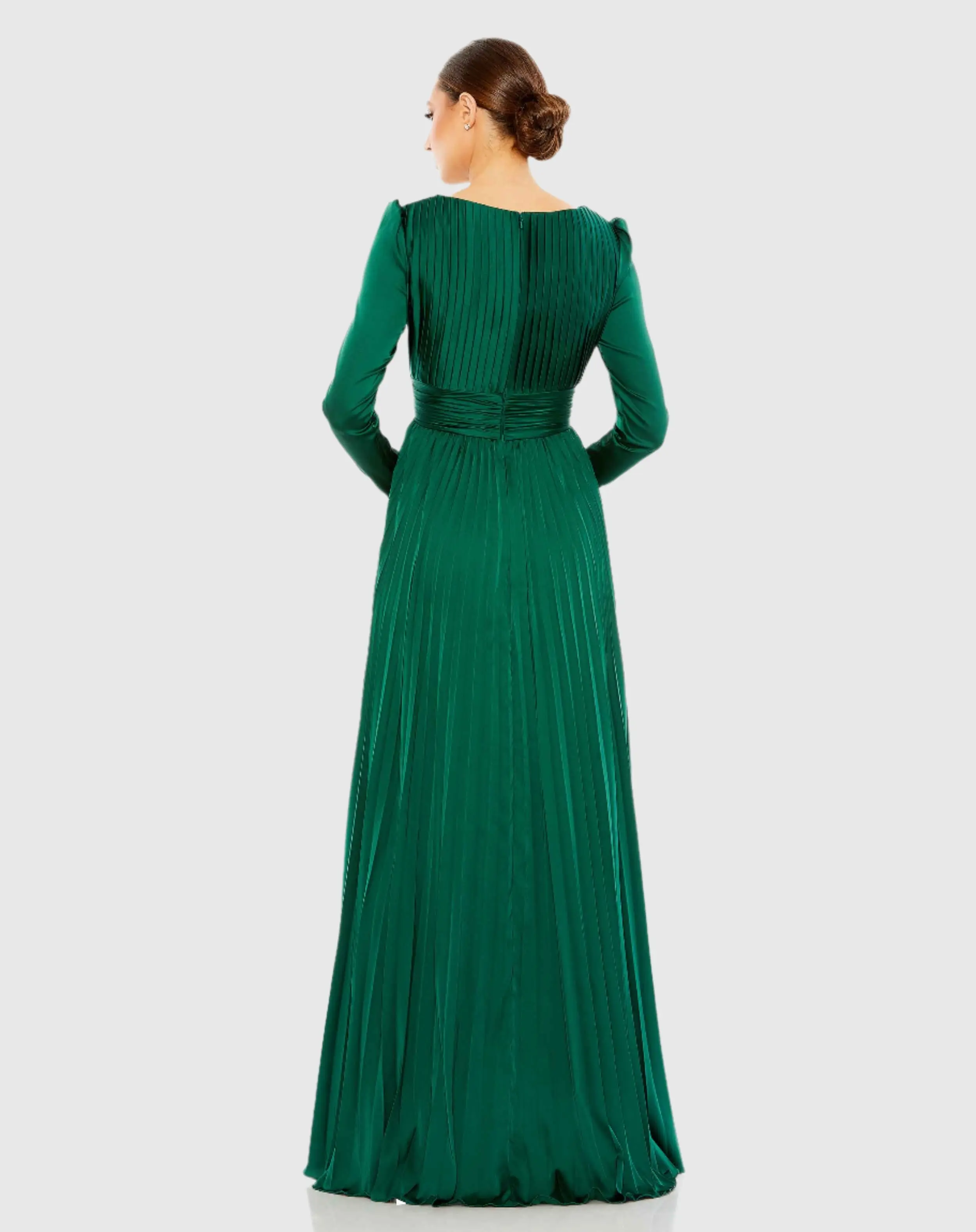 Green Pleated Long Sleeve V-Neck Gown - Image 3