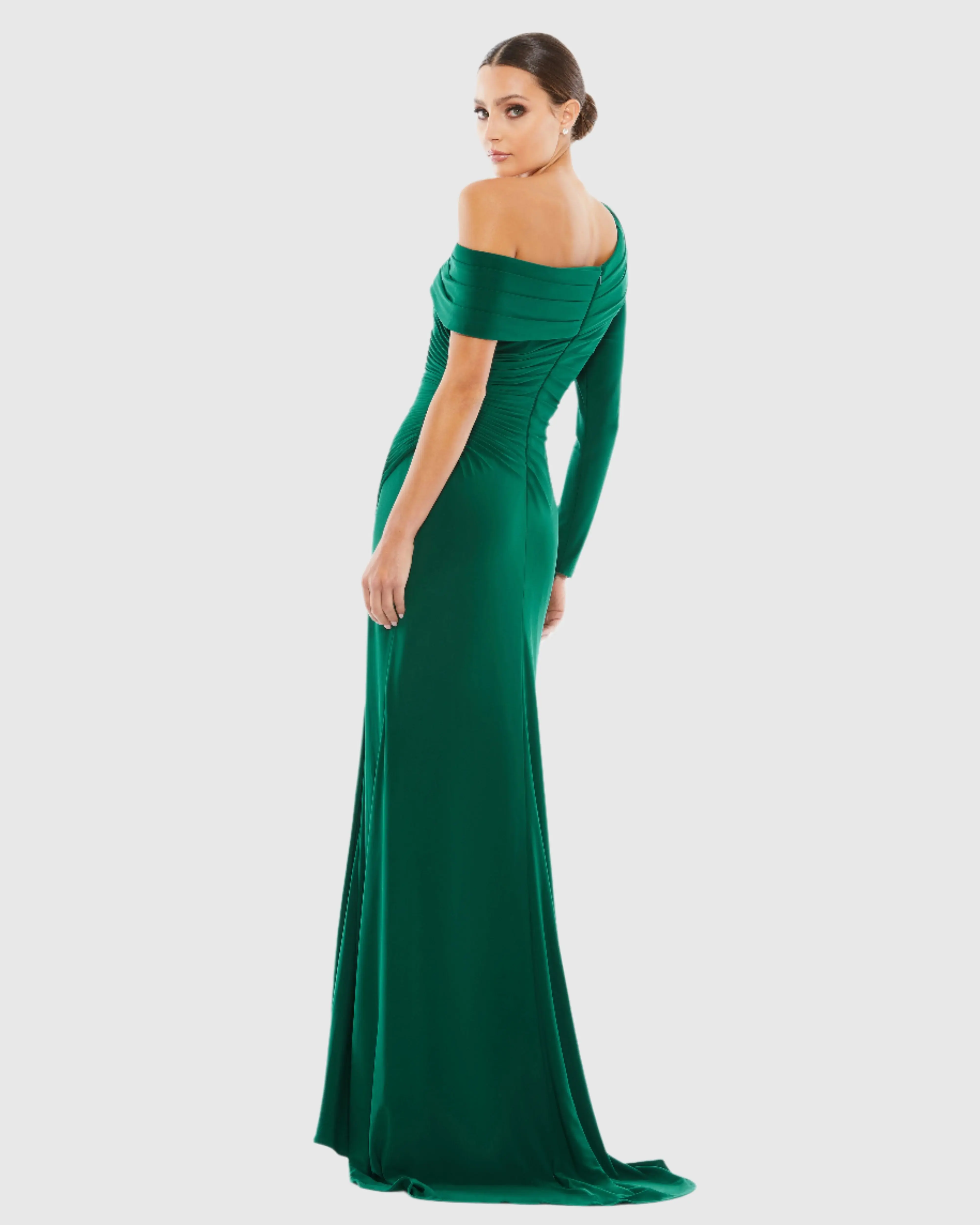 Green Ruched Jersey Drop Shoulder Foldover Gown - Image 3