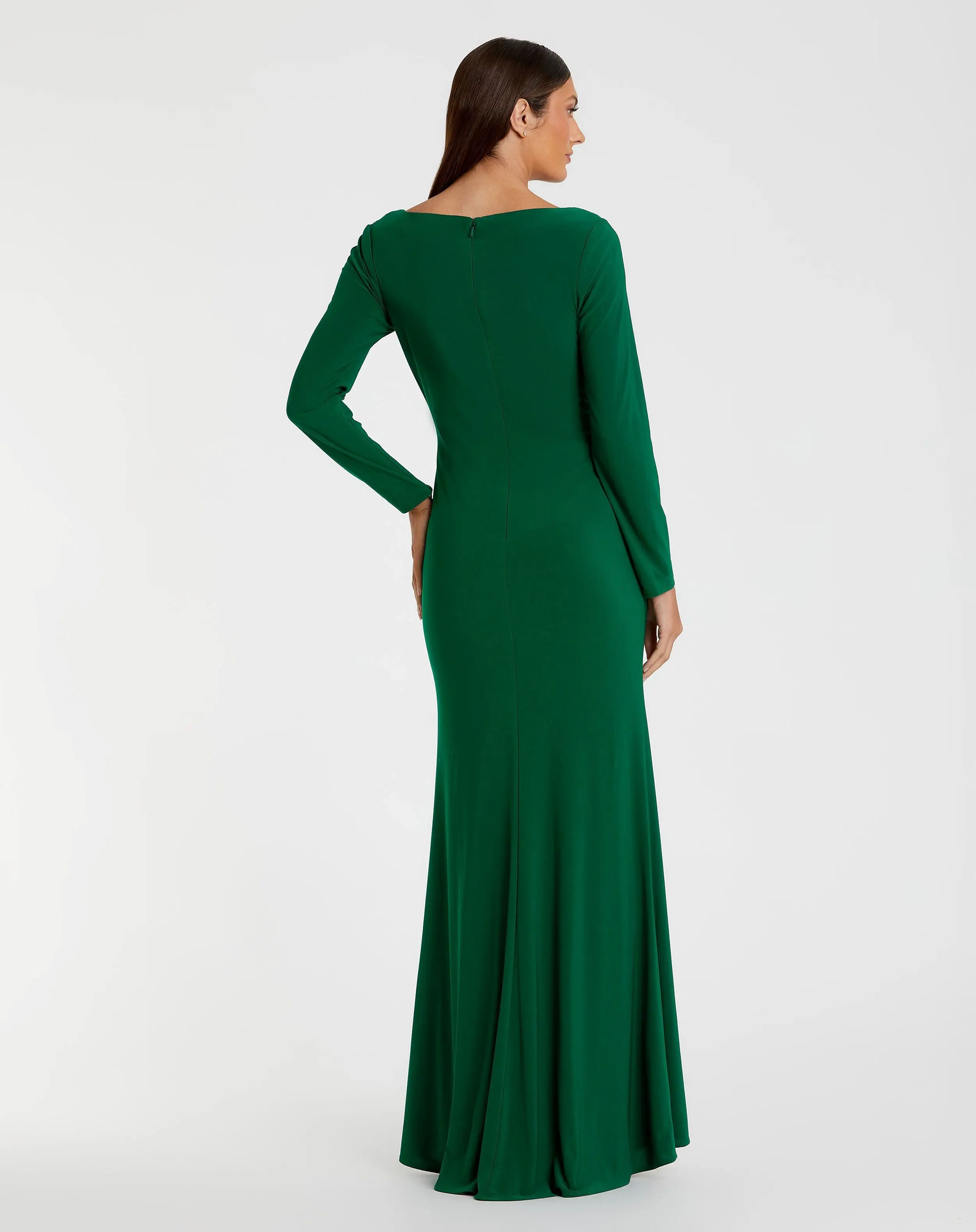 Green Long Sleeve Ruched Jersey V-Neck Gown - Image 3