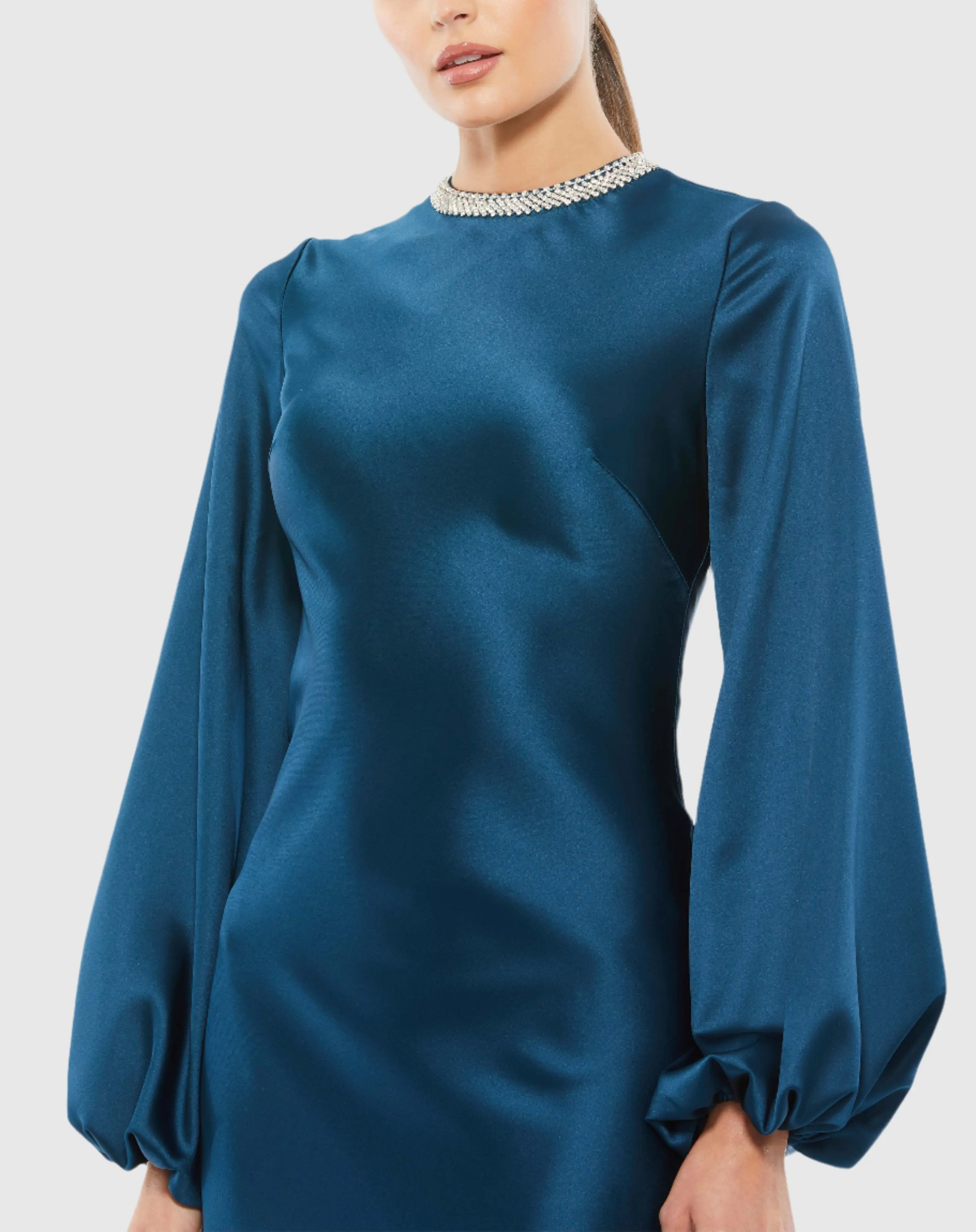 Blue Beaded High Neck Bishop Sleeve Satin Gown - Image 2