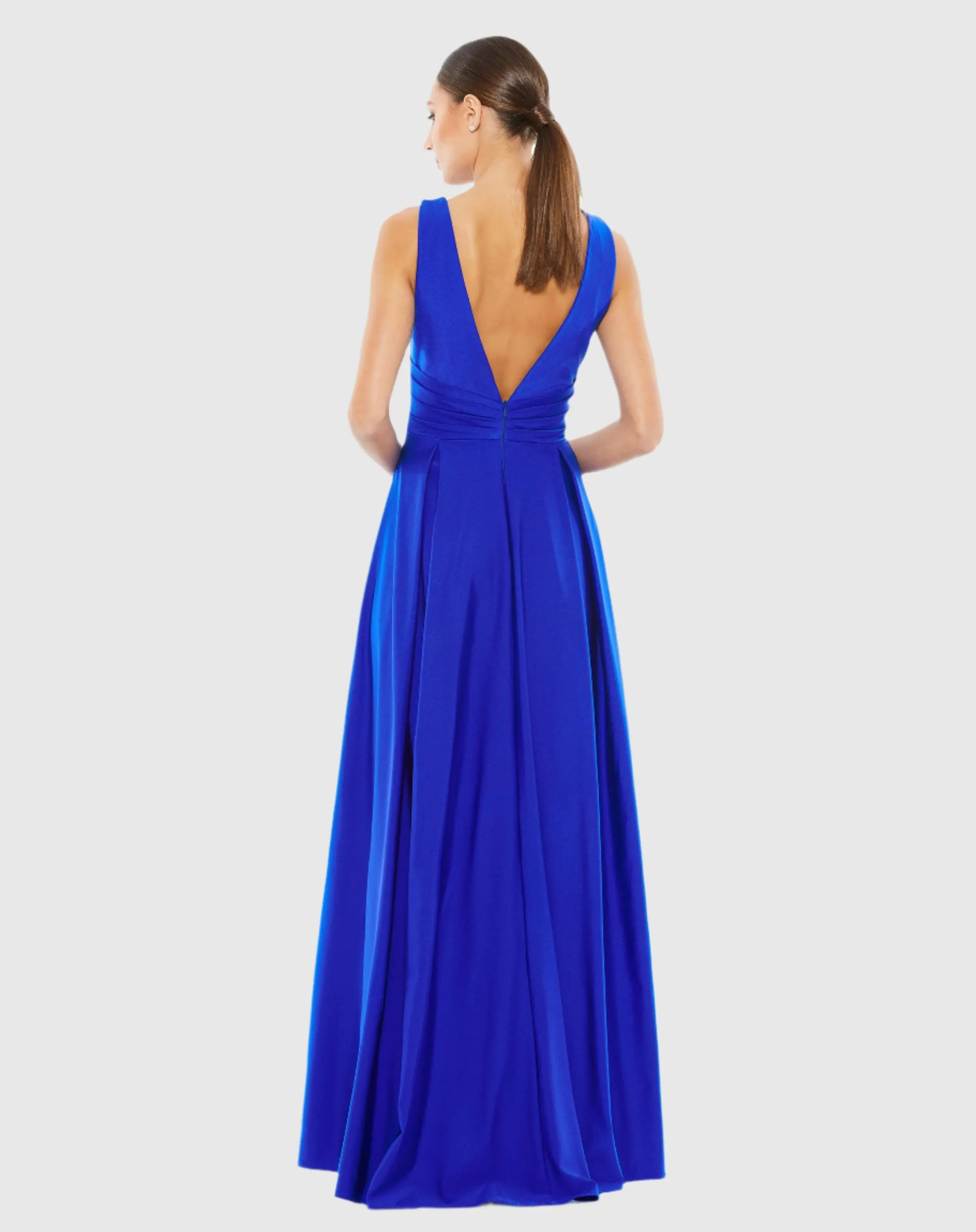 Blue Jersey Plunge Neck Evening Gown - Image 3