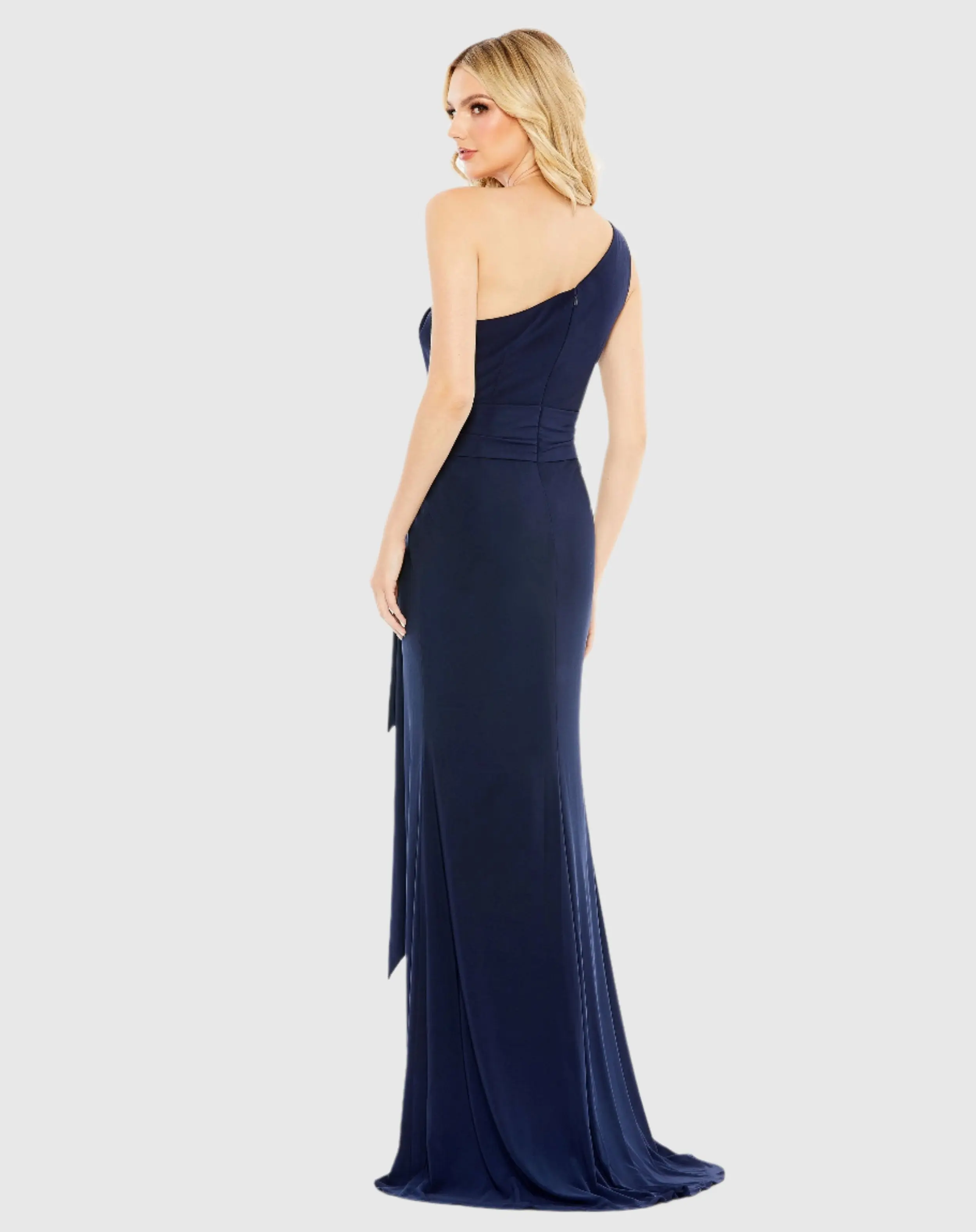 Navy Jersey One Shoulder Belted Trumpet Gown - Image 3