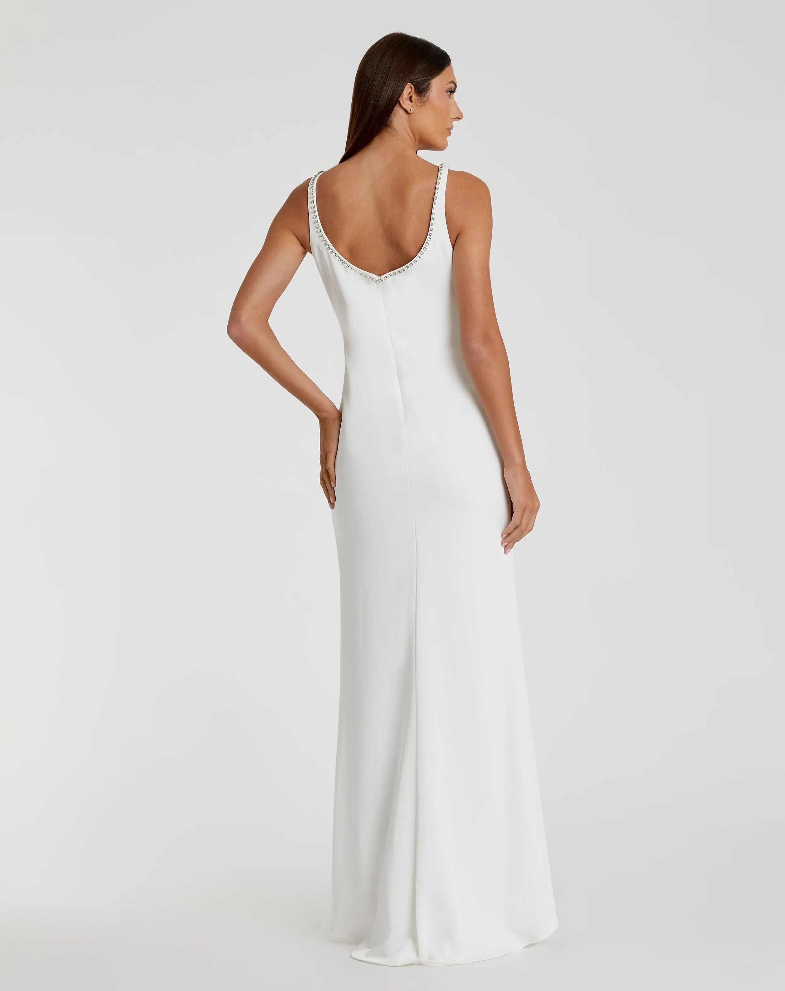 White Sleeveless Crystal Scoop Neckline Column Gown with High Slit - Image 3