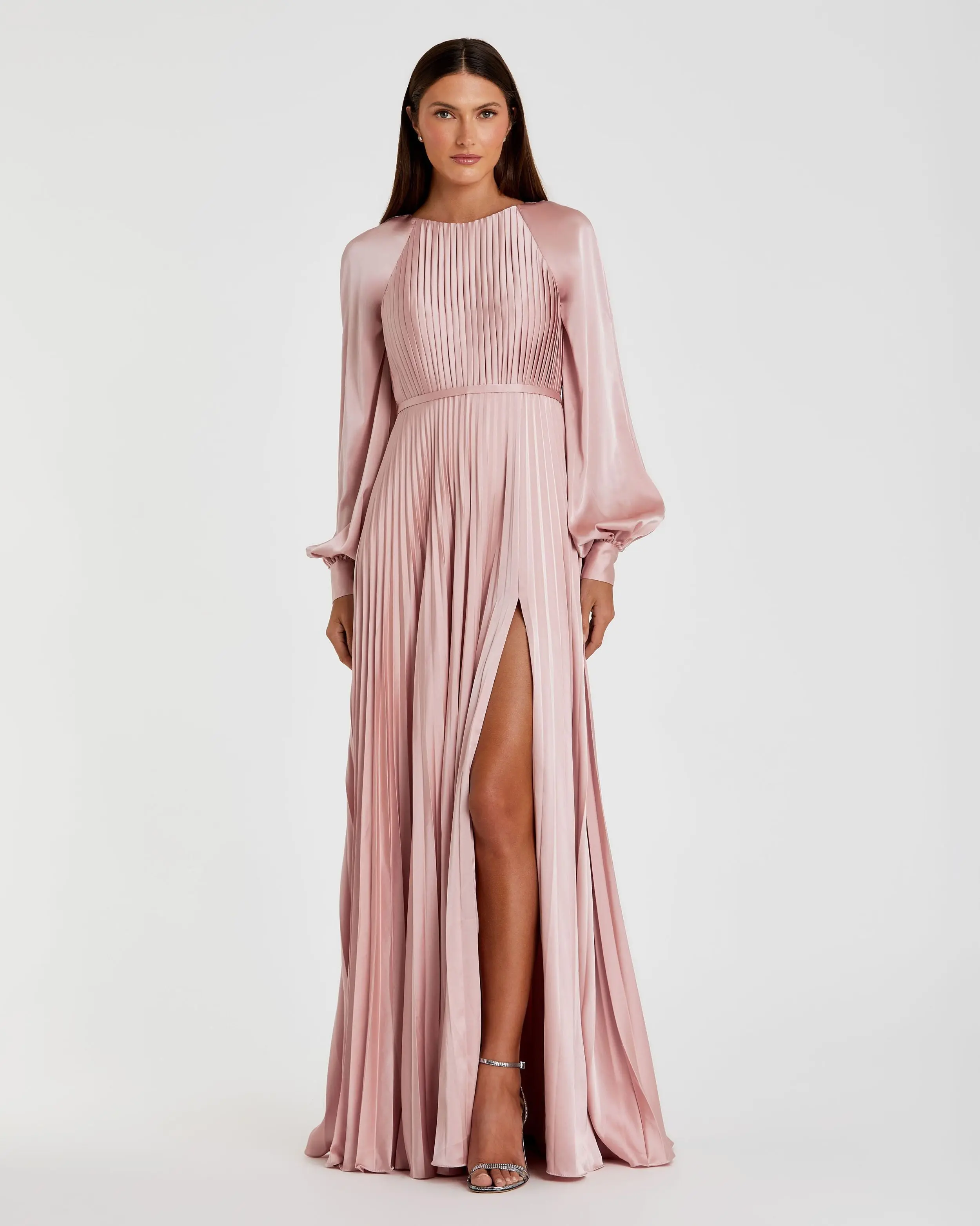 Pleated High Neck Raglan Long Sleeve Side Slit Gown - Image 2