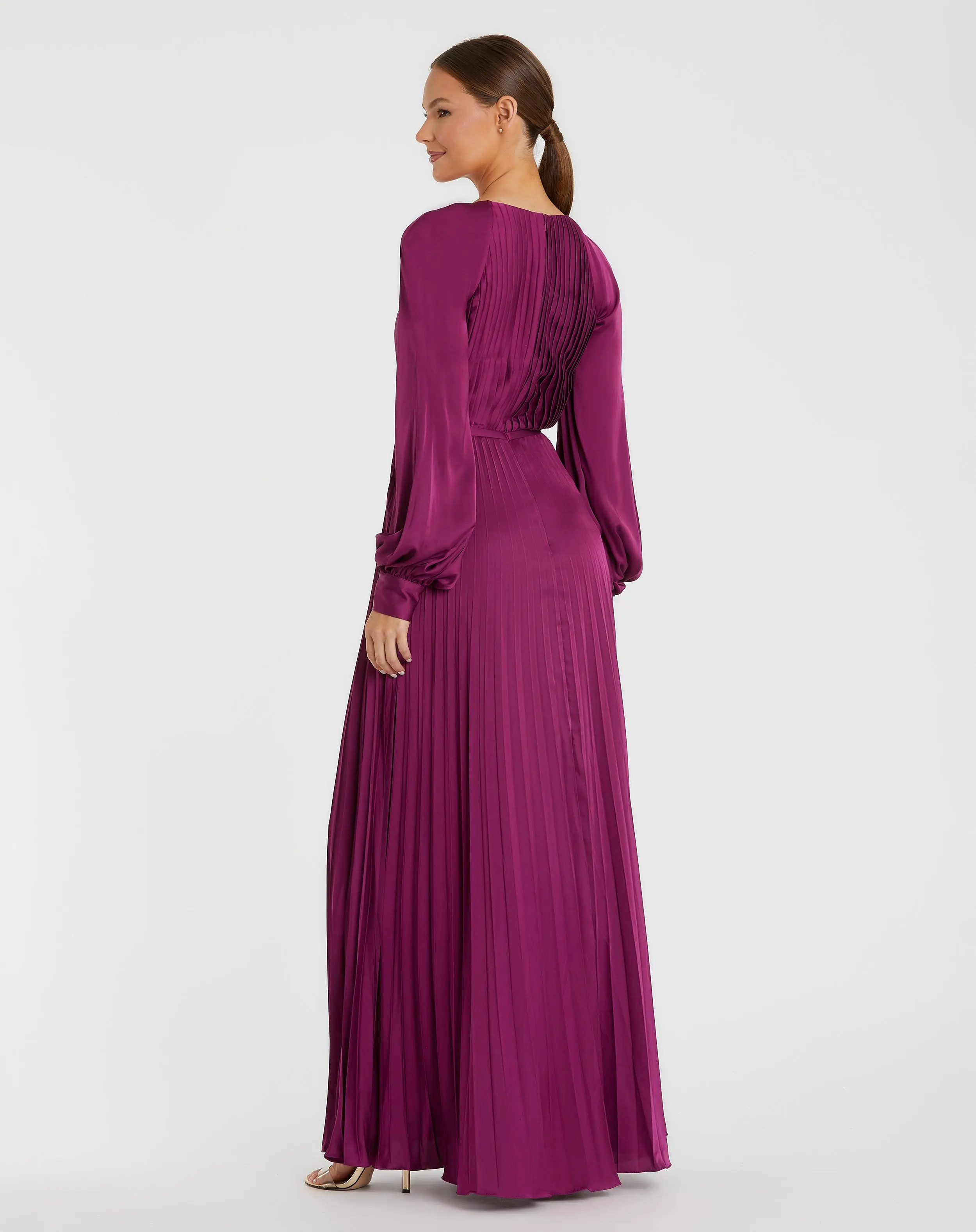 Purple Pleated High Neck Long Sleeve Gown with Slit - Image 3