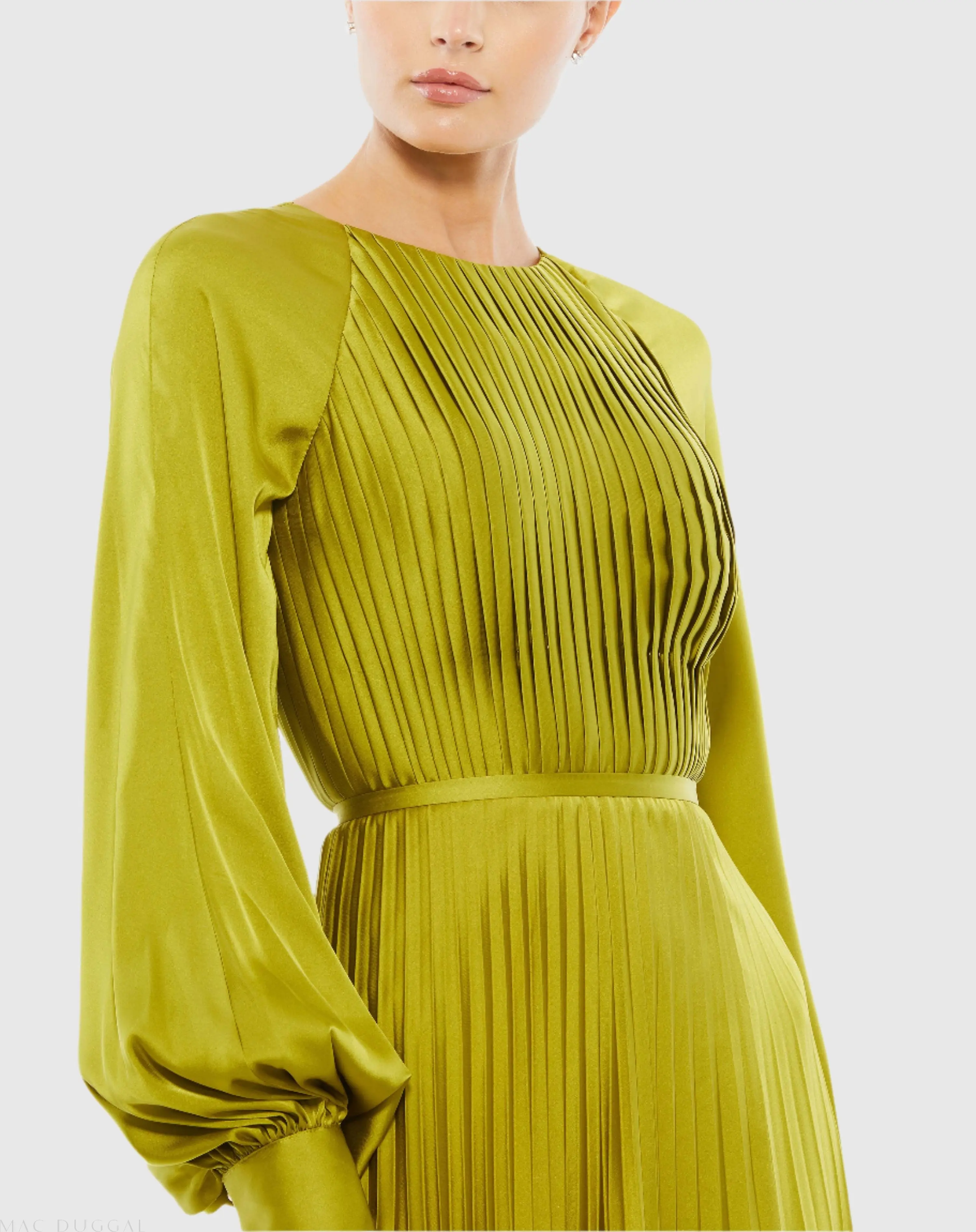 Green Pleated High Neck Long Sleeve Gown with Slit - Image 2