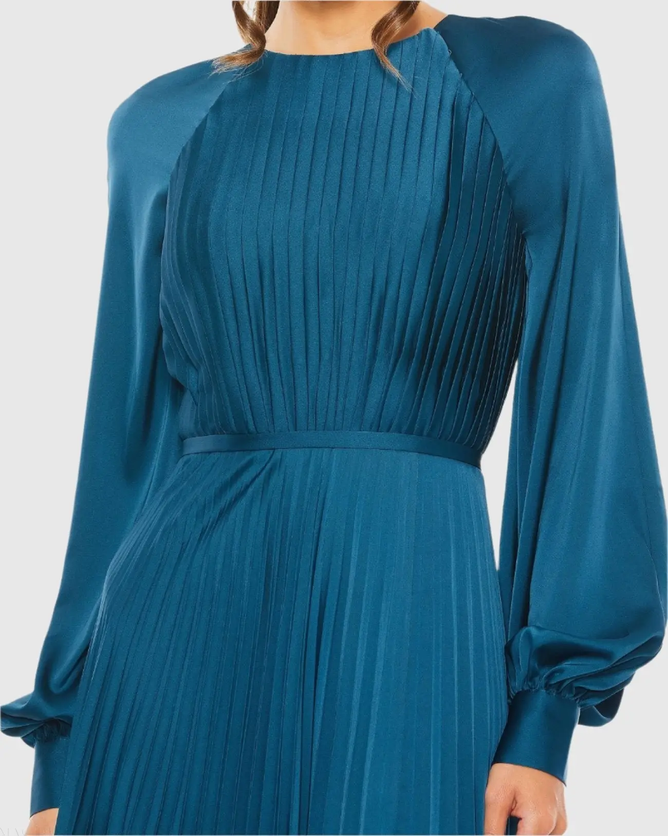Blue Pleated High Neck Long Sleeve Gown with Slit - Image 2