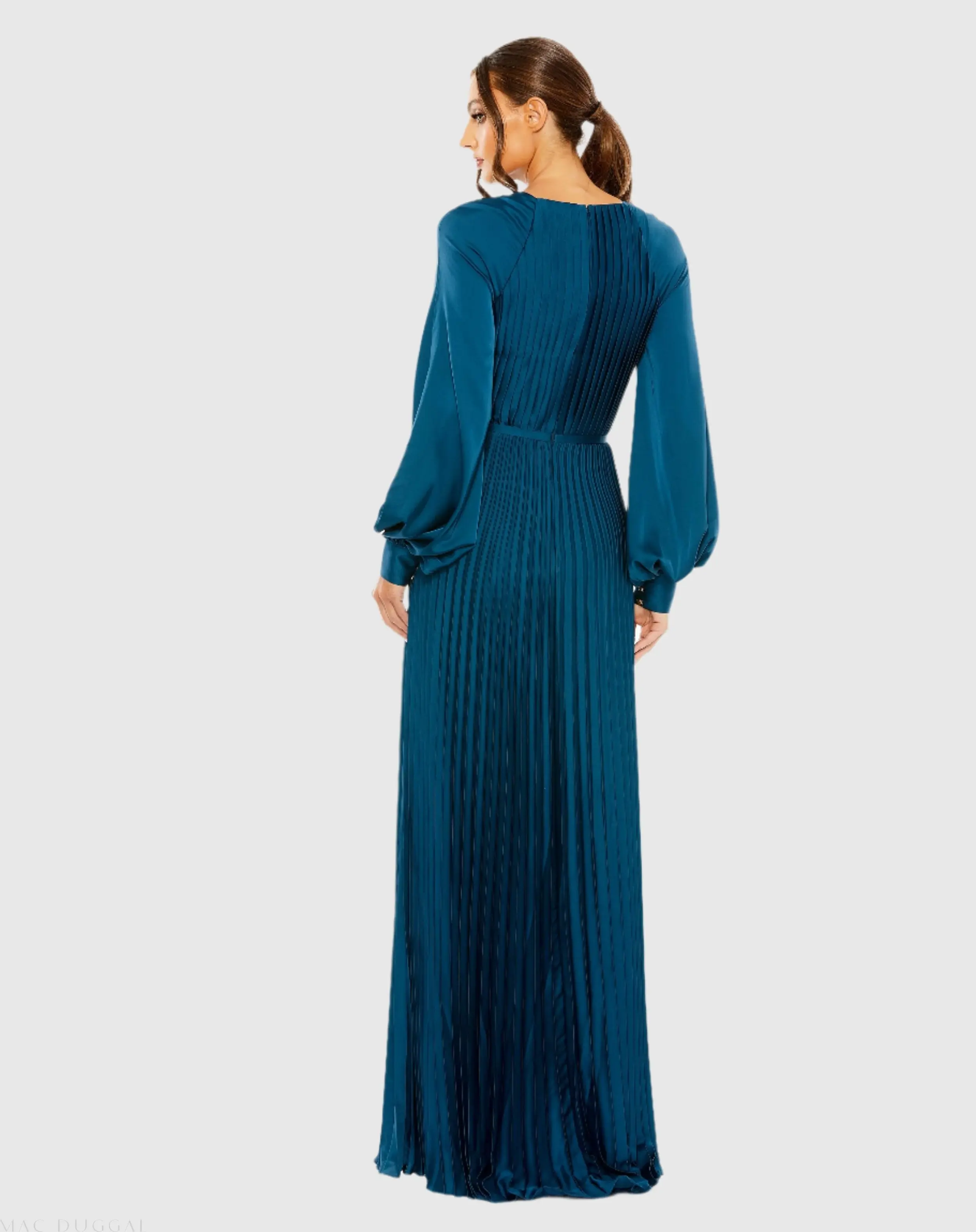Blue Pleated High Neck Long Sleeve Gown with Slit - Image 3