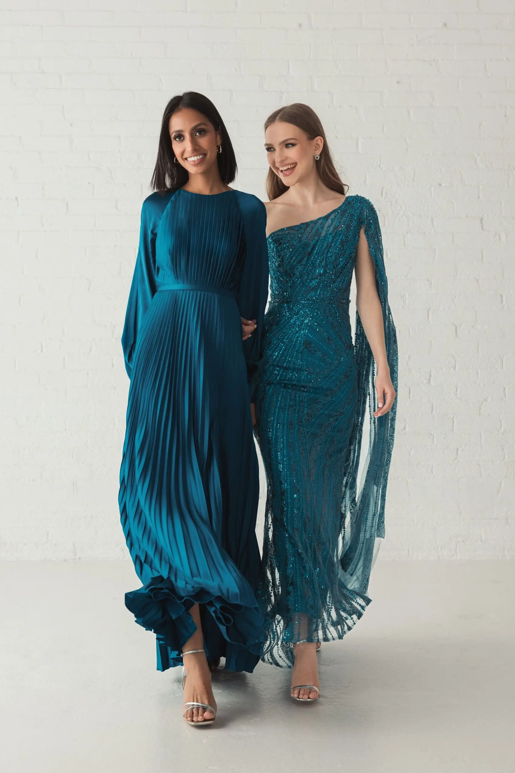 Blue Pleated High Neck Long Sleeve Gown with Slit - Image 4