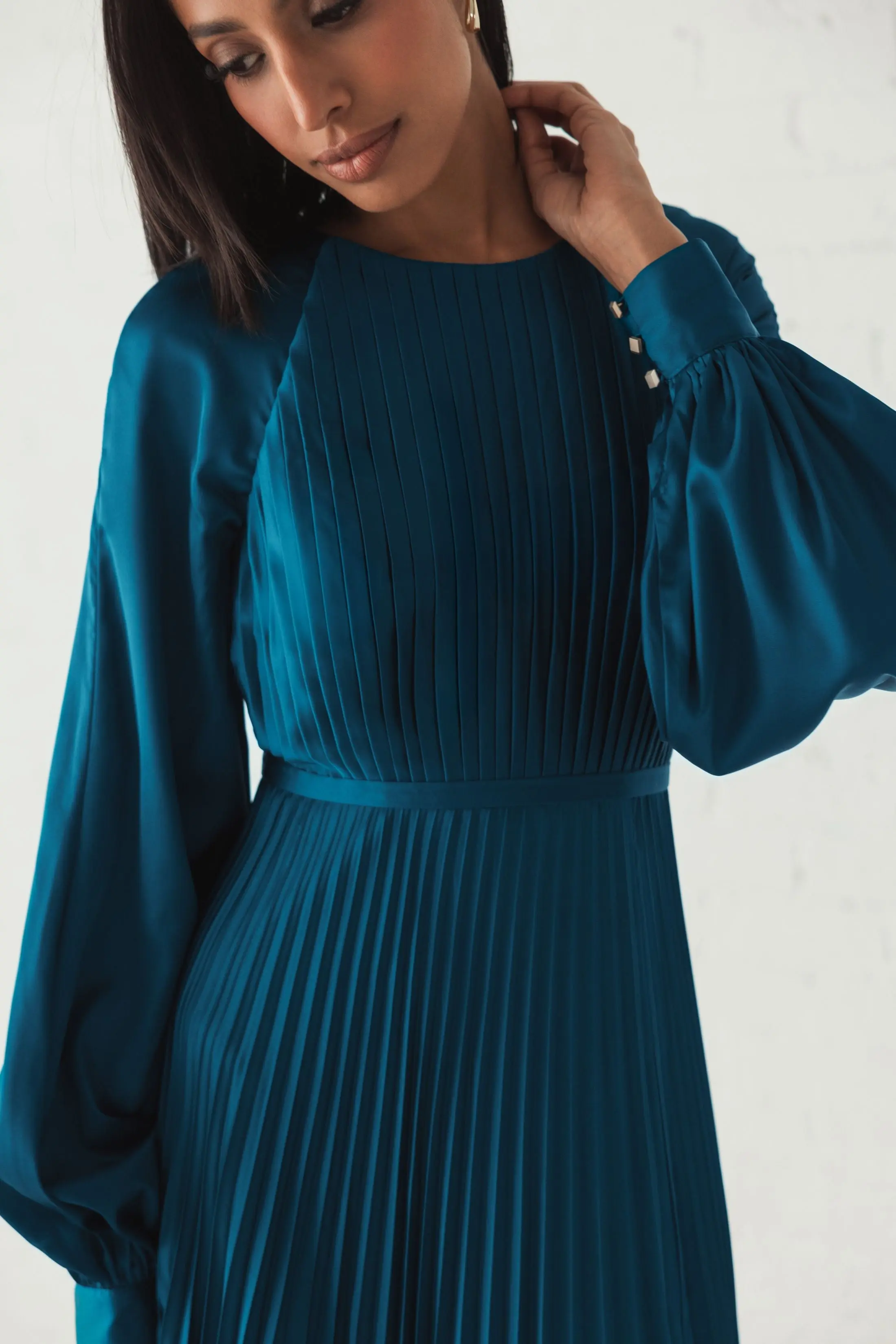 Blue Pleated High Neck Long Sleeve Gown with Slit - Image 5
