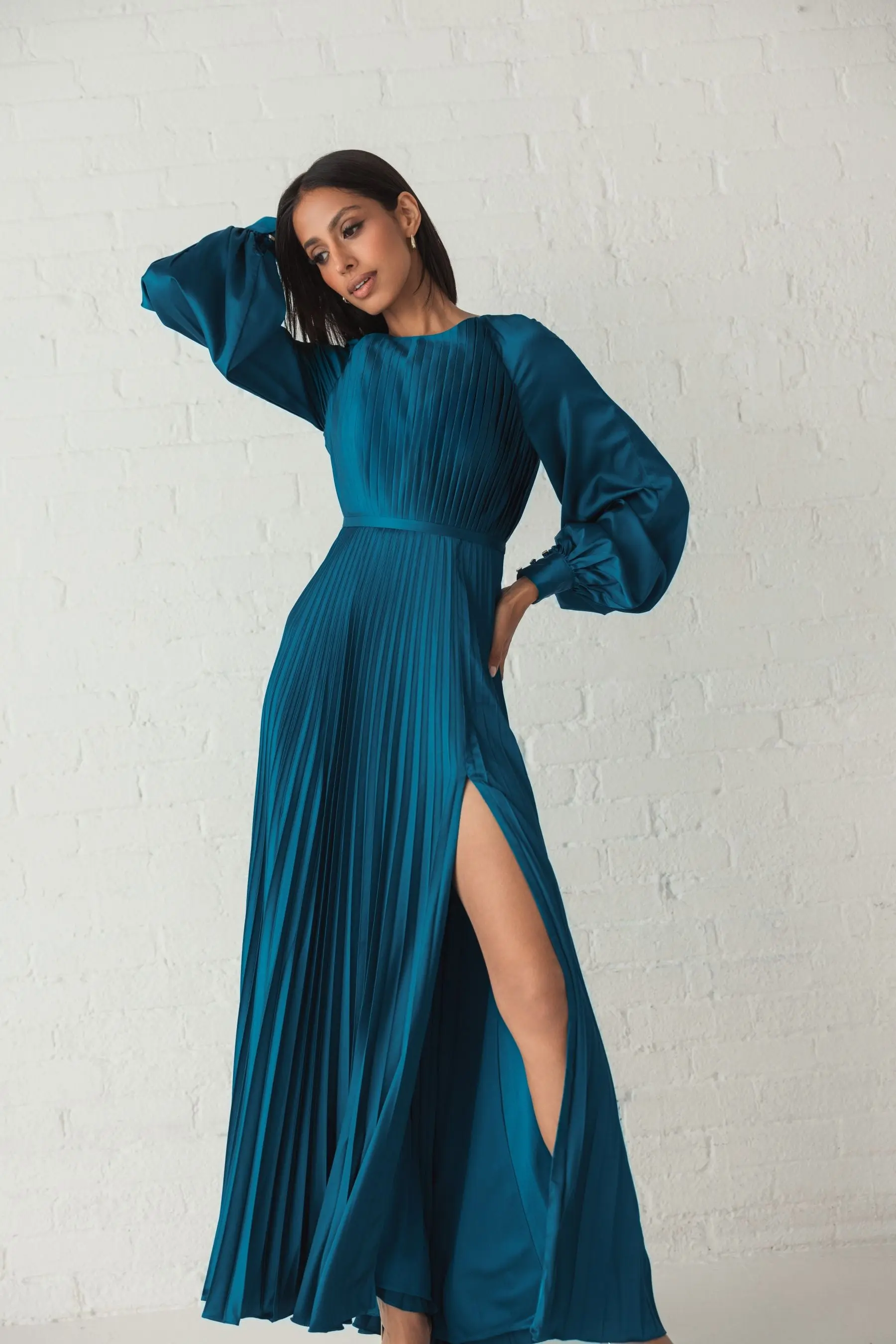 Blue Pleated High Neck Long Sleeve Gown with Slit - Image 6