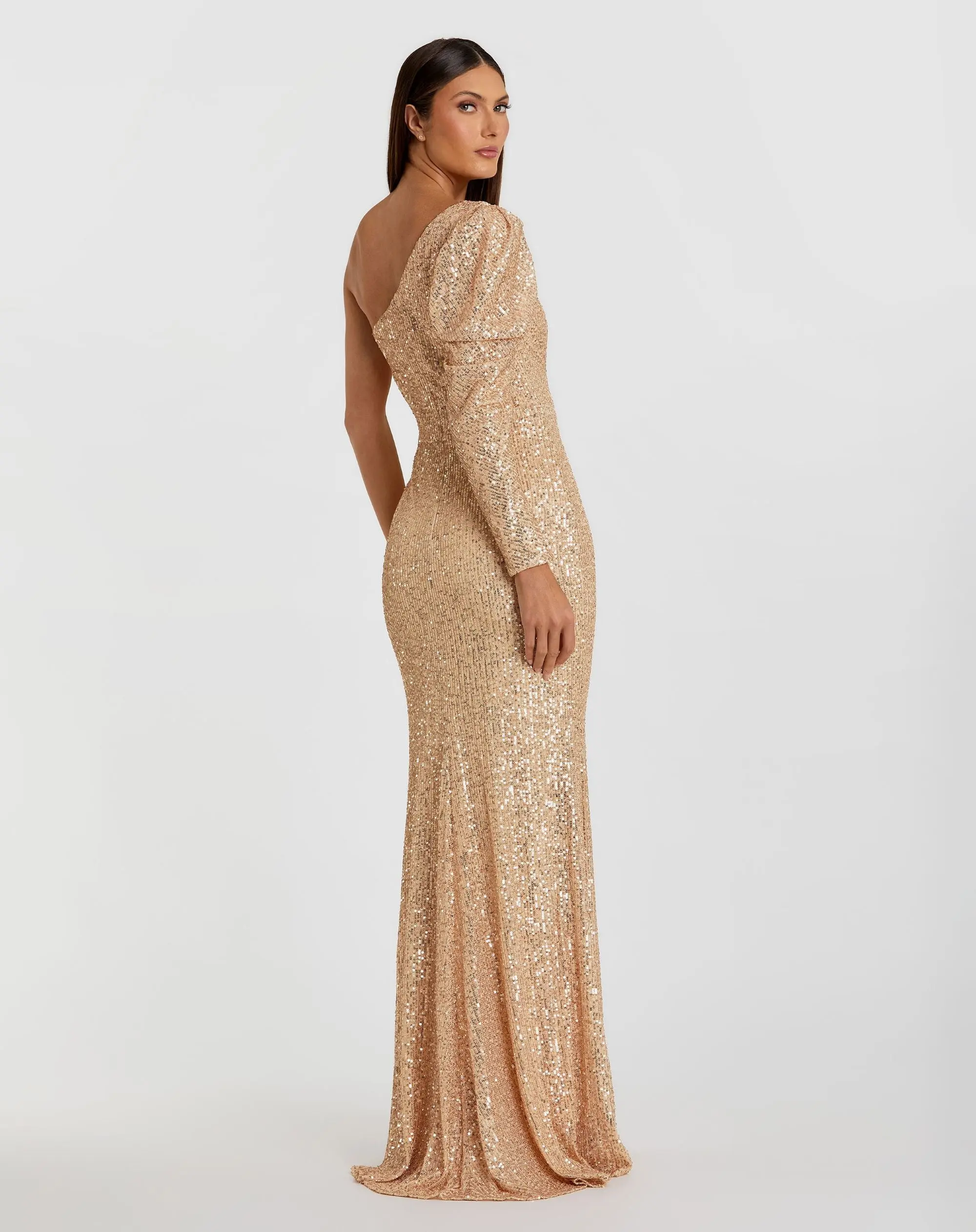 Gold Sequined One Shoulder Trumpet Gown - Image 3