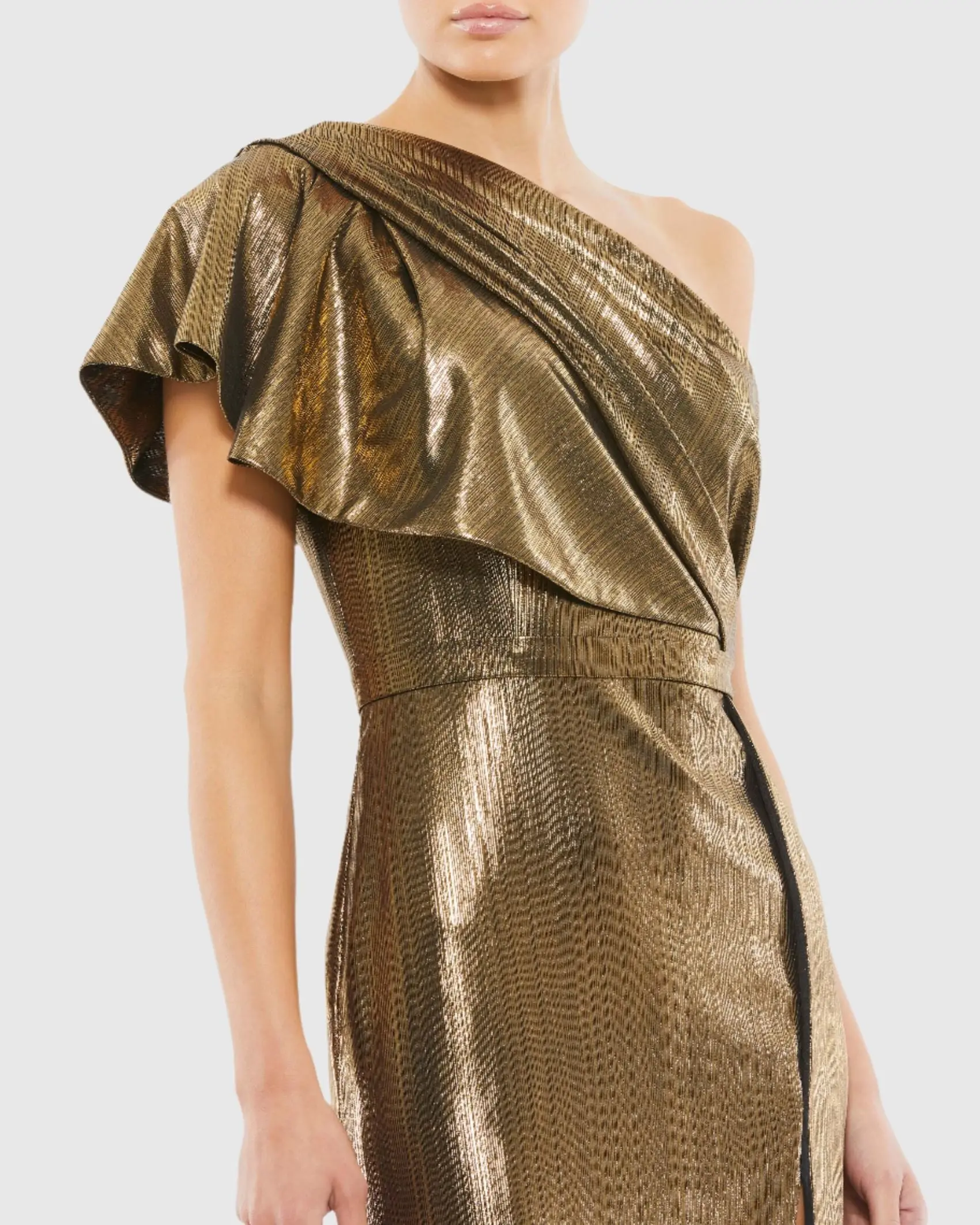 Gold Ruffled One Shoulder Metallic Evening Gown - FINAL SALE - Image 2