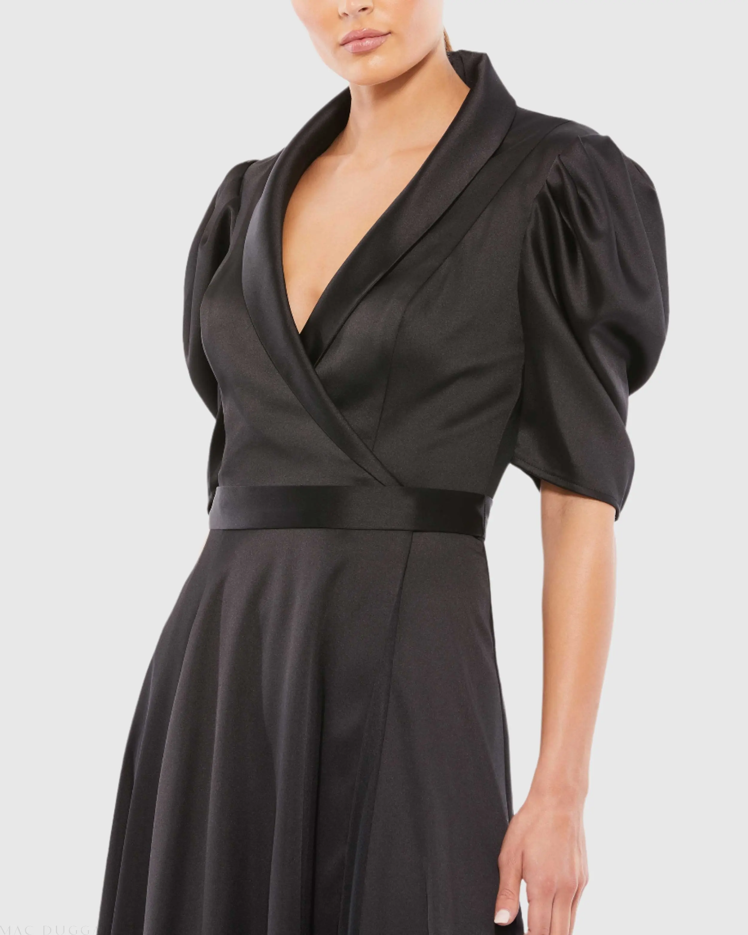 Black Satin Lapel Puff Sleeve Tea Length Dress - Image 2