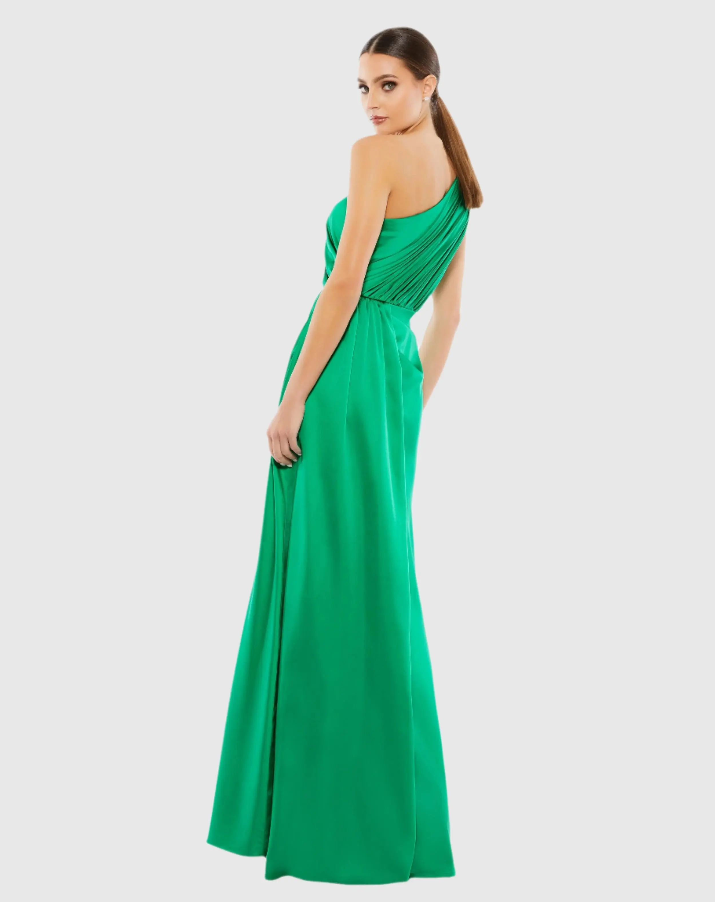 Green Gathered One Shoulder Satin Faux Wrap Gown - Image 3