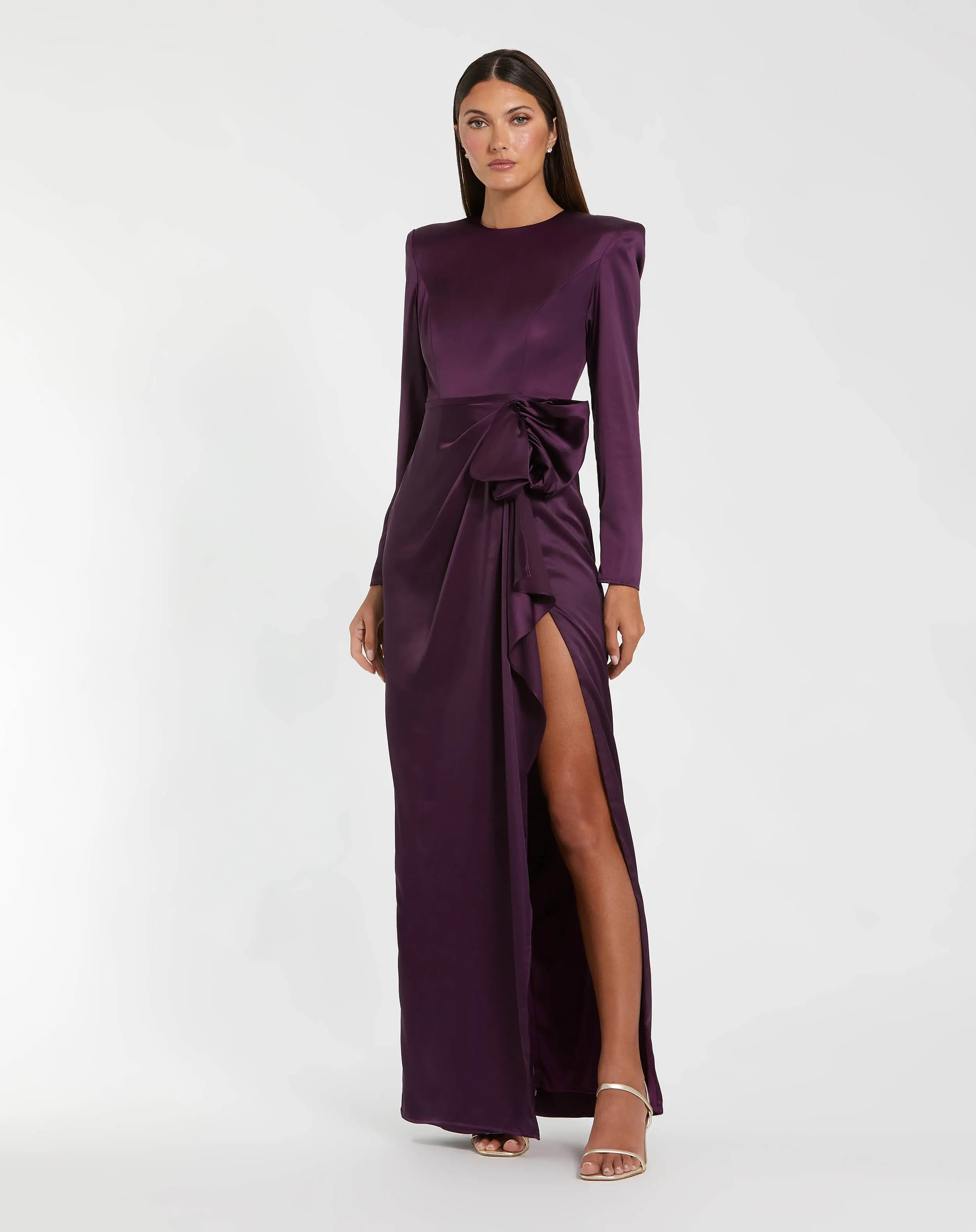 Long Sleeve Structured Satin Bow Draped Column Gown - Image 6