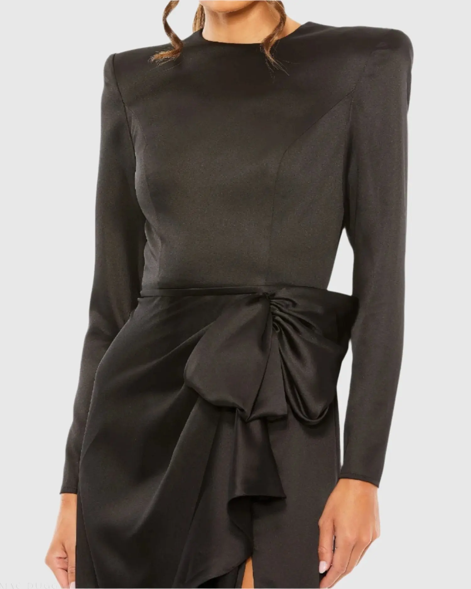 Black Long Sleeve Satin Structured Bow Draped Column Gown - Image 2