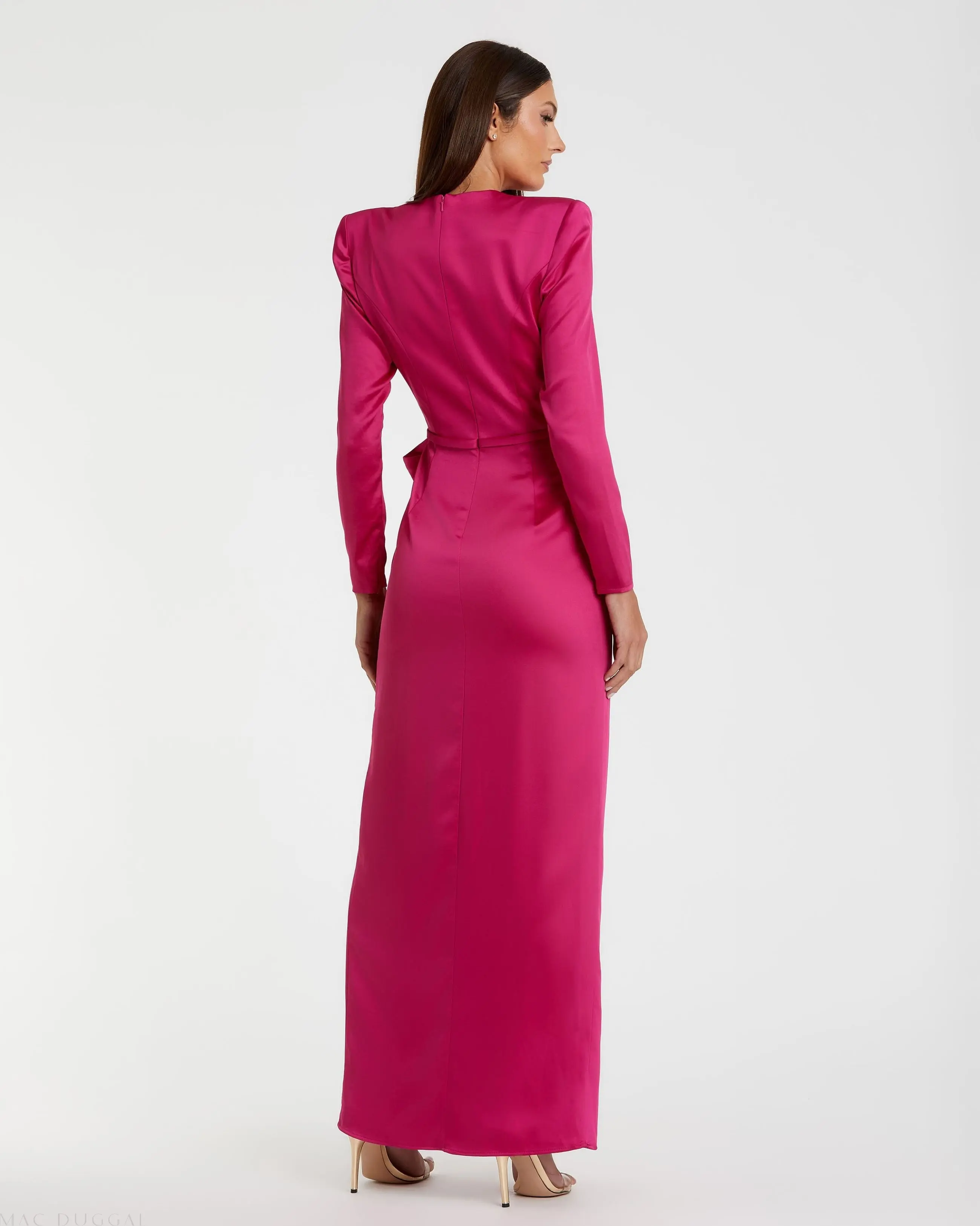 Pink Long Sleeve Satin Structured Bow Draped Column Gown - Image 3
