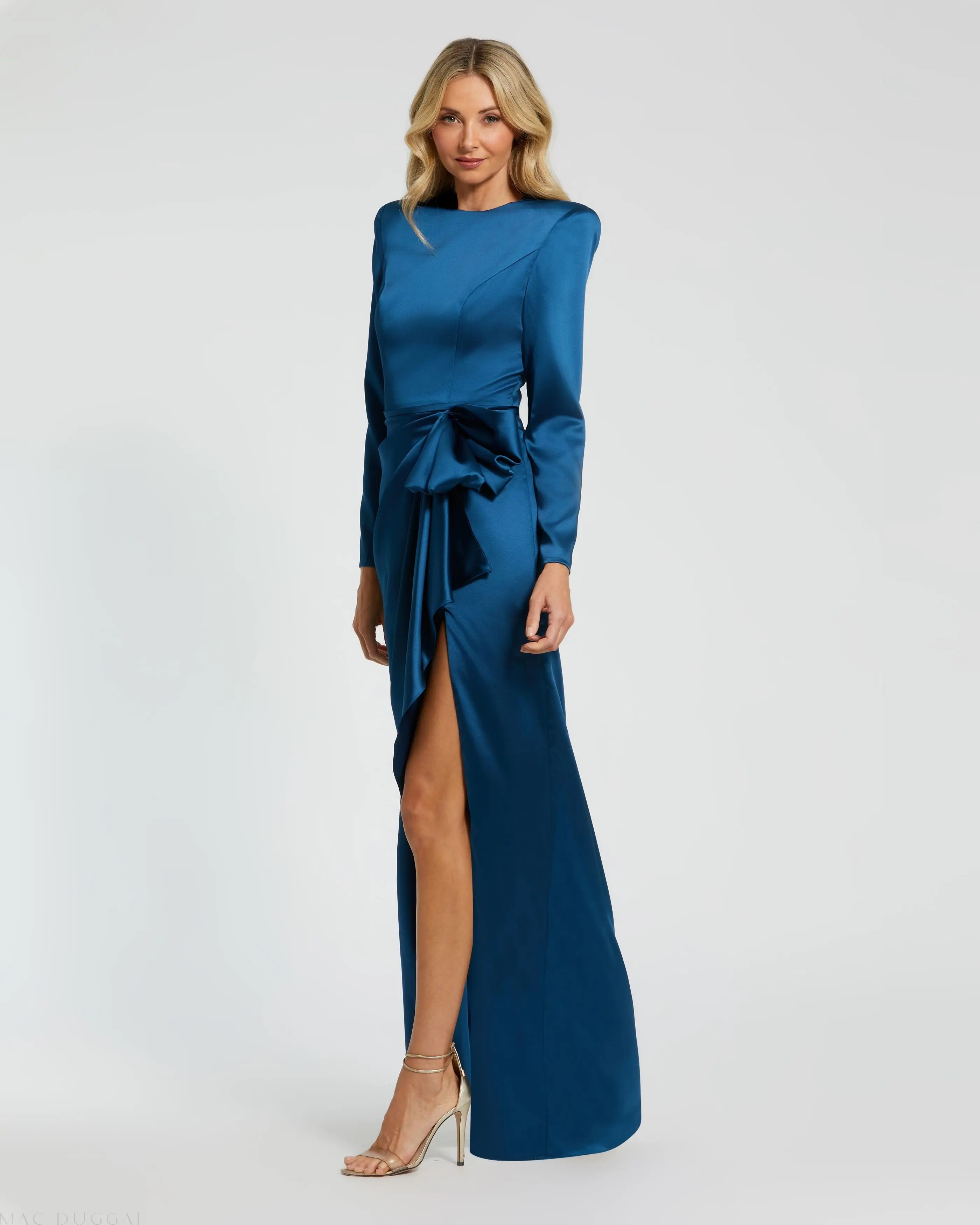 Blue Long Sleeve Satin Structured Bow Draped Column Gown - Image 3