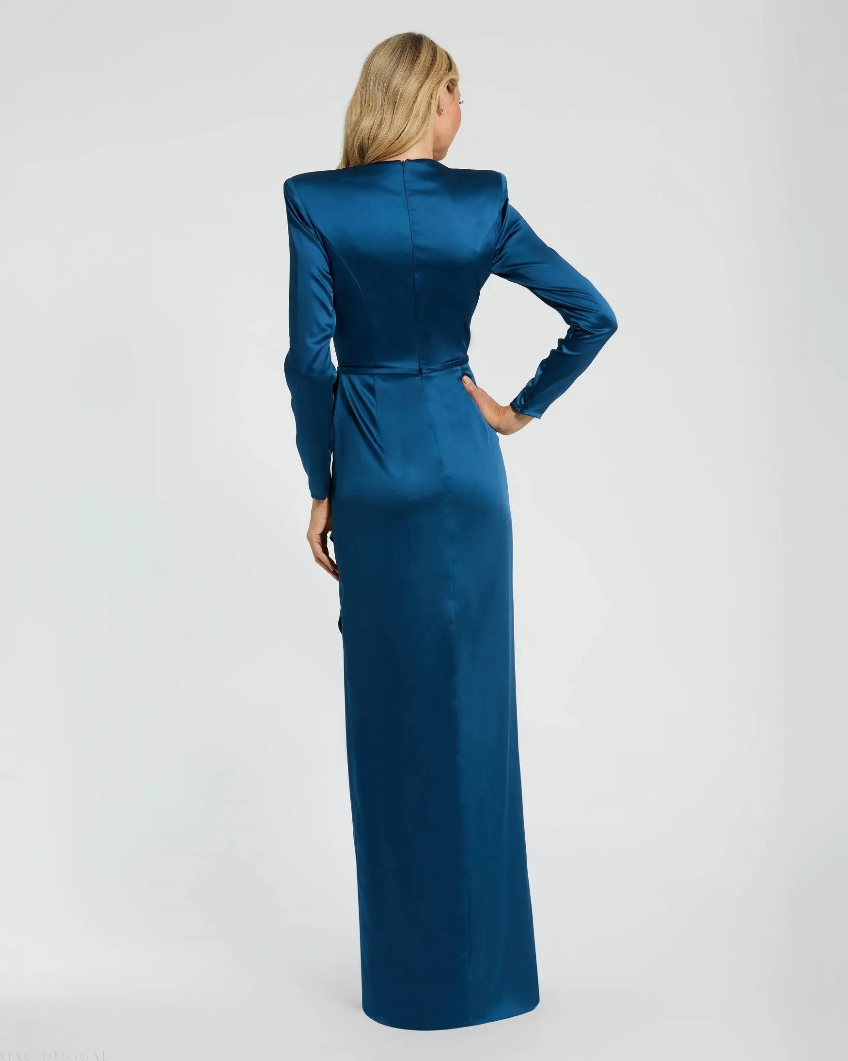 Blue Long Sleeve Satin Structured Bow Draped Column Gown - Image 4