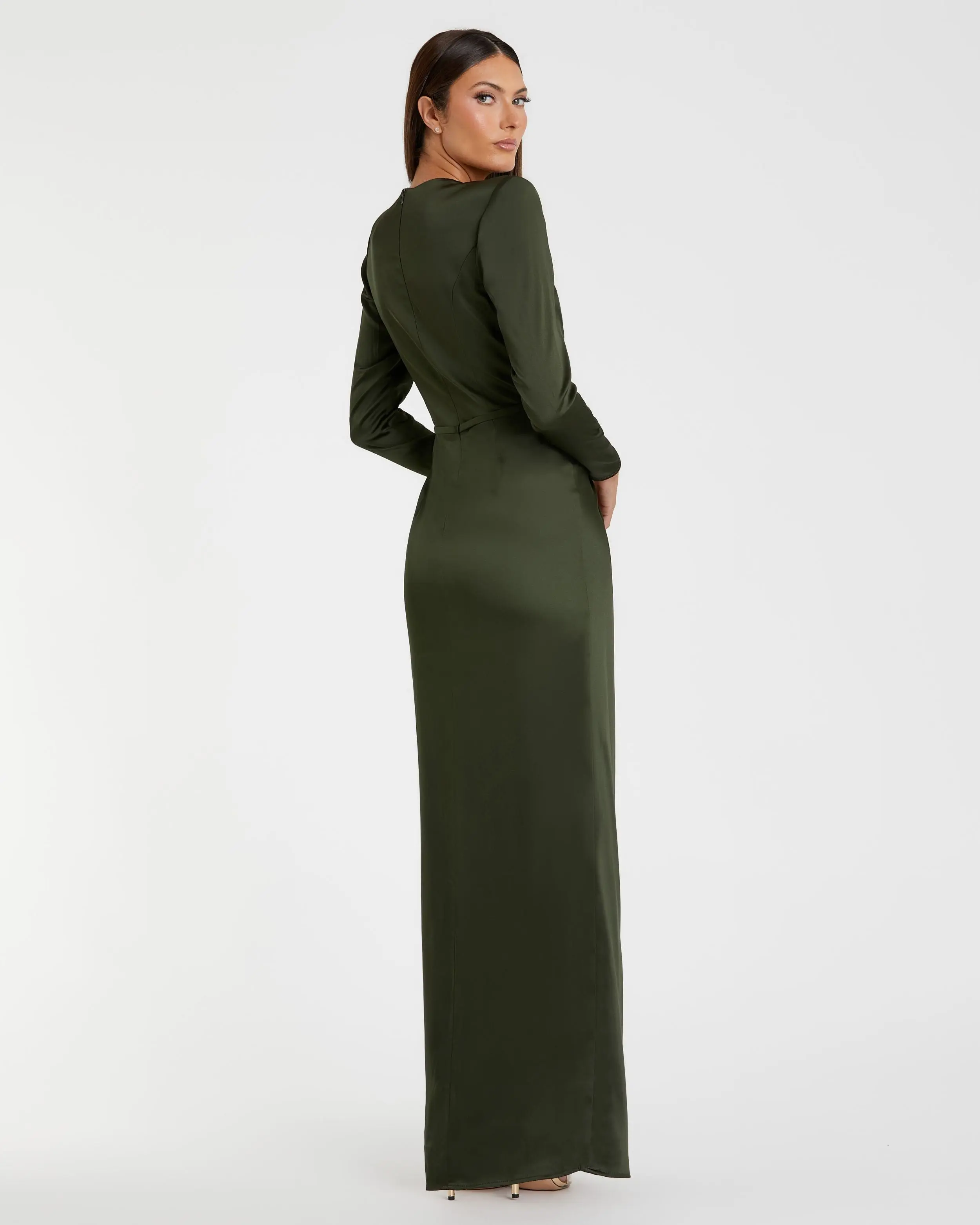 Dark Green Long Sleeve Satin Structured Bow Draped Column Gown - Image 3