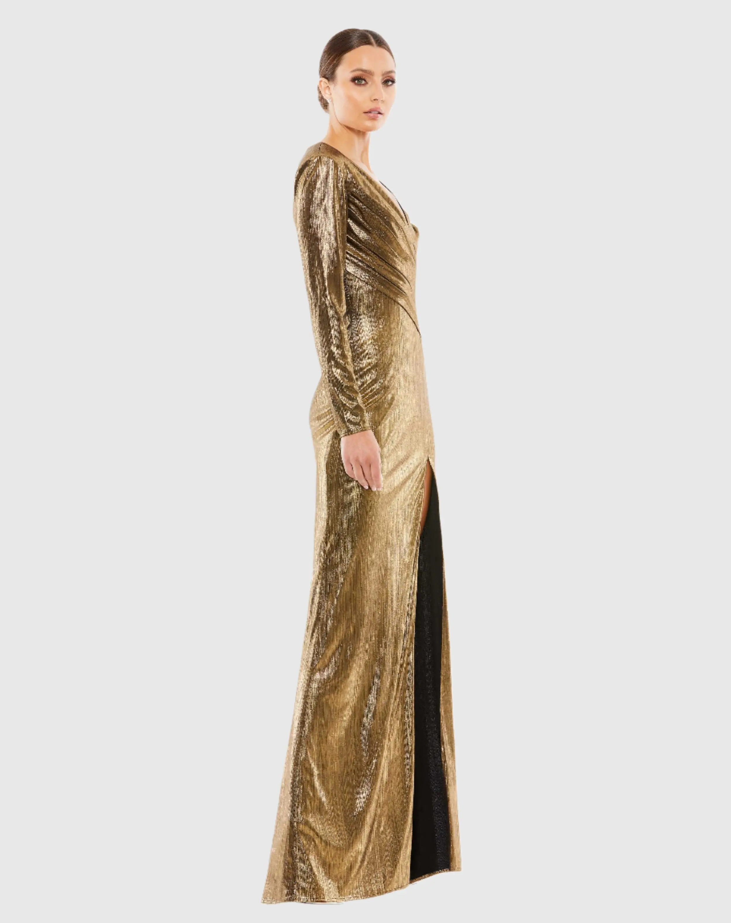 Gold Metallic Long Sleeve Asymmetrical Ruched Gown - Image 3