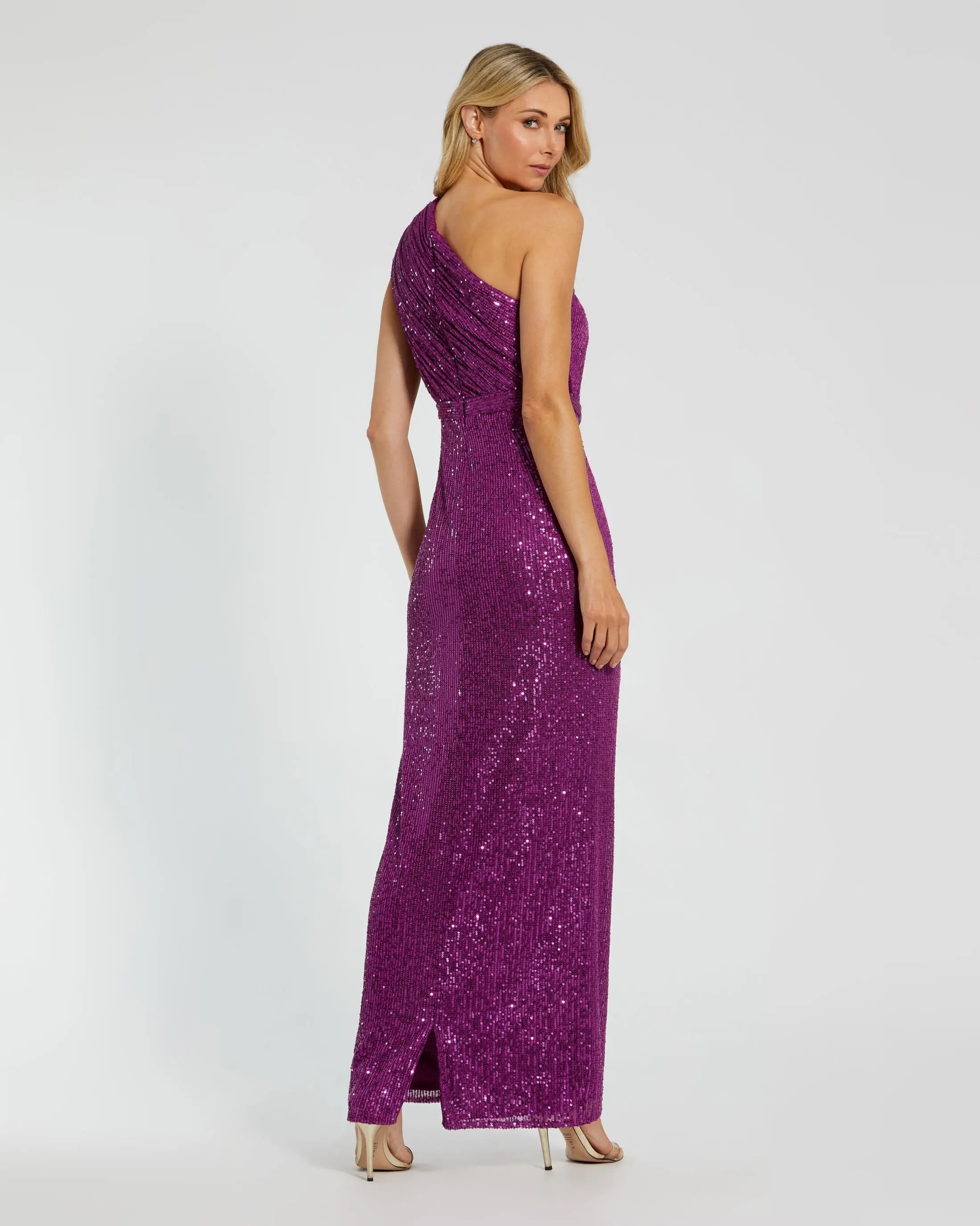 Dark Purple Sequined Ruched One Shoulder Gown - Image 3