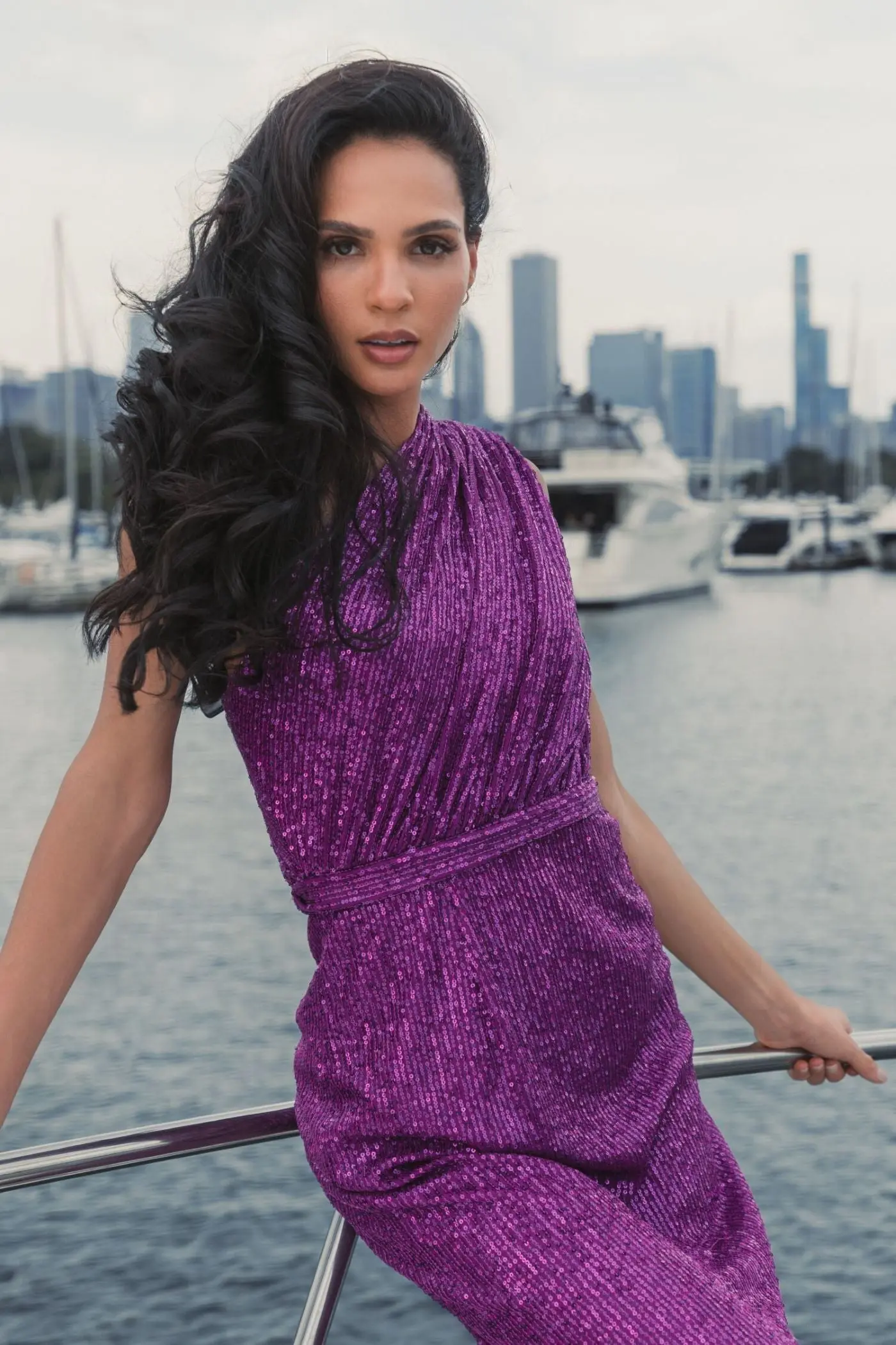 Dark Purple Sequined Ruched One Shoulder Gown - Image 4