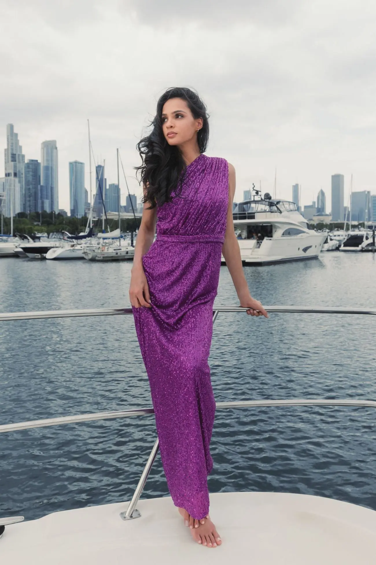 Dark Purple Sequined Ruched One Shoulder Gown - Image 5
