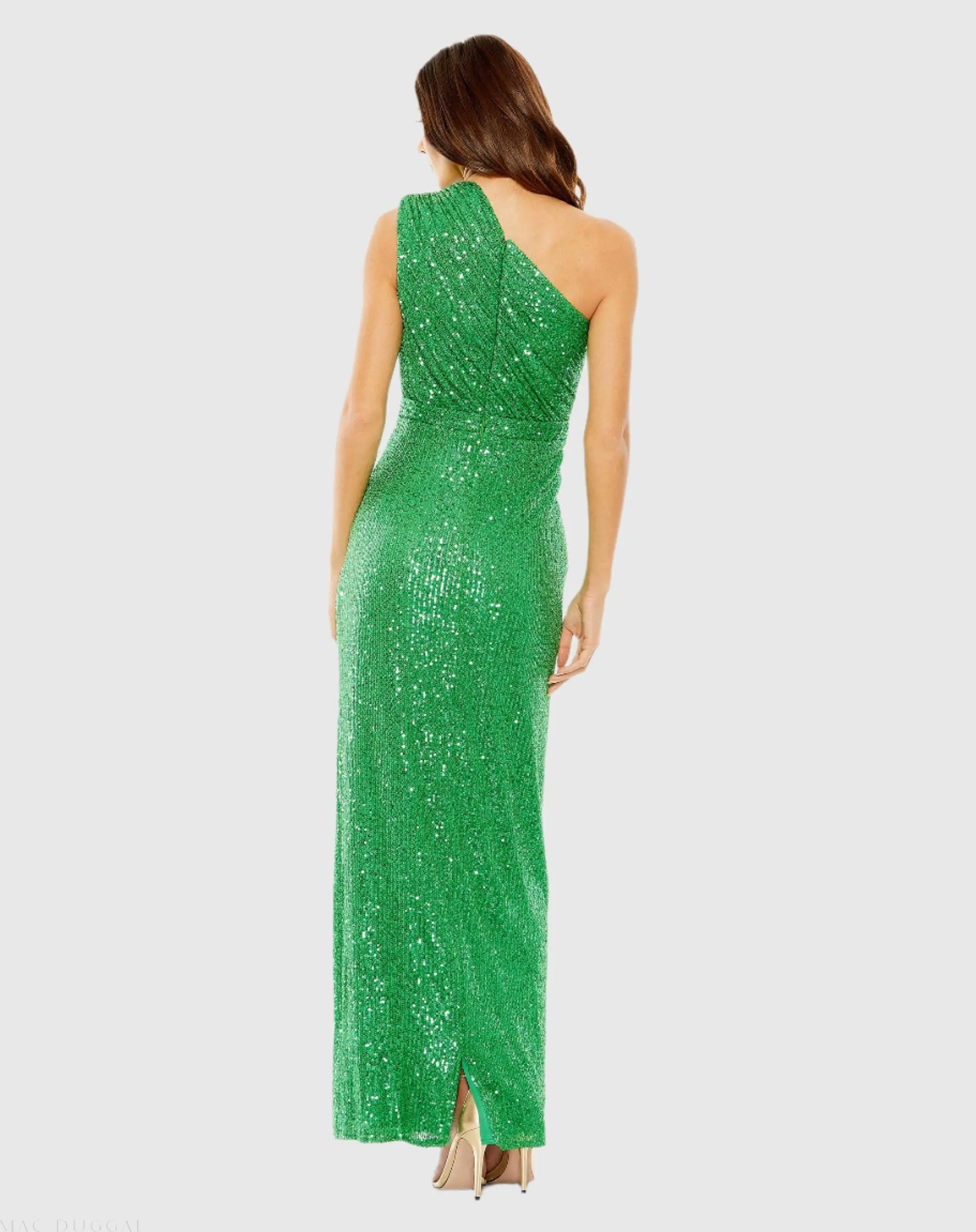 Green Sequined Ruched One Shoulder Gown - Image 3